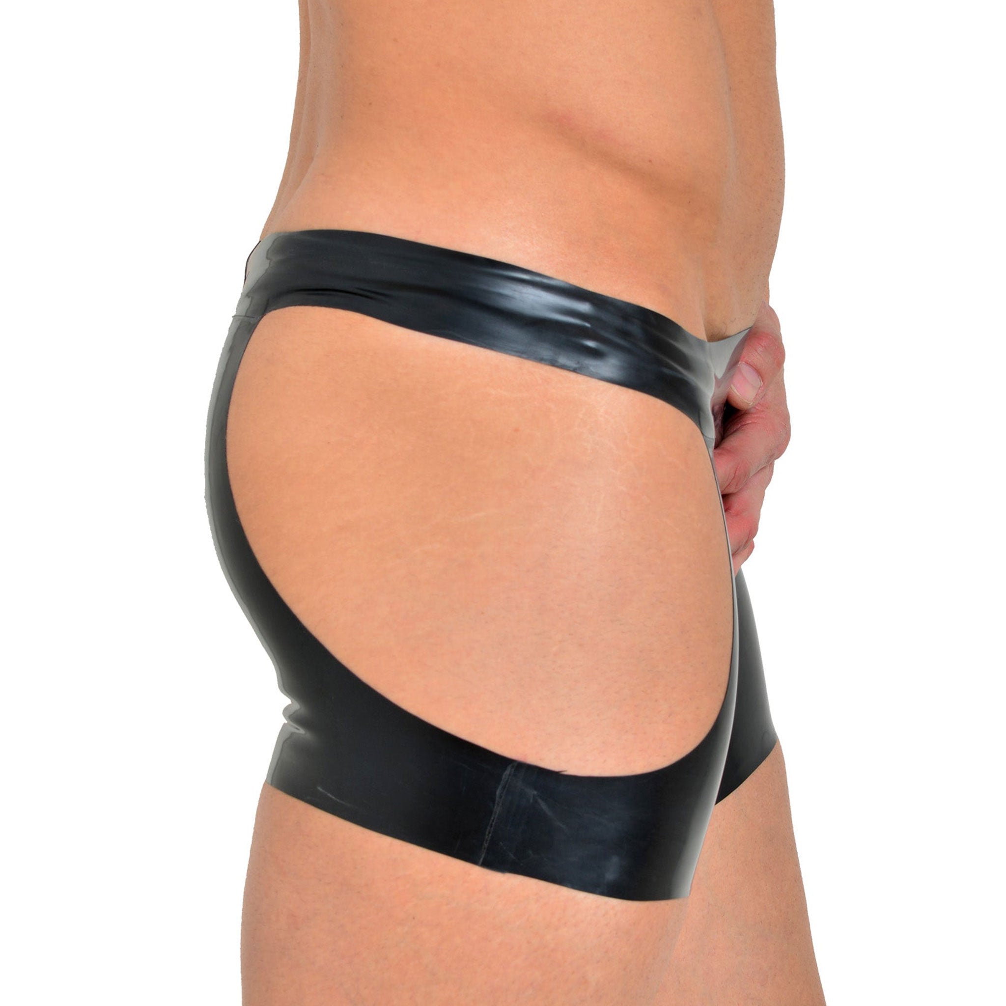 Latex rubber apparel bottoms intimates lingerie latex-lingerie underwear shorts boxers chaps open-crotch crotchless open-back side-cutout pull-on fully-open shiny glossy stretchy fetish fashion alt-fashion alternative fetishwear bedroom dungeon party bondage bdsm bdsm-fashion kink kinky kinkwear exhibition exhibitionist male masculine masc mens menswear guys dudes gay lgbtq pride black