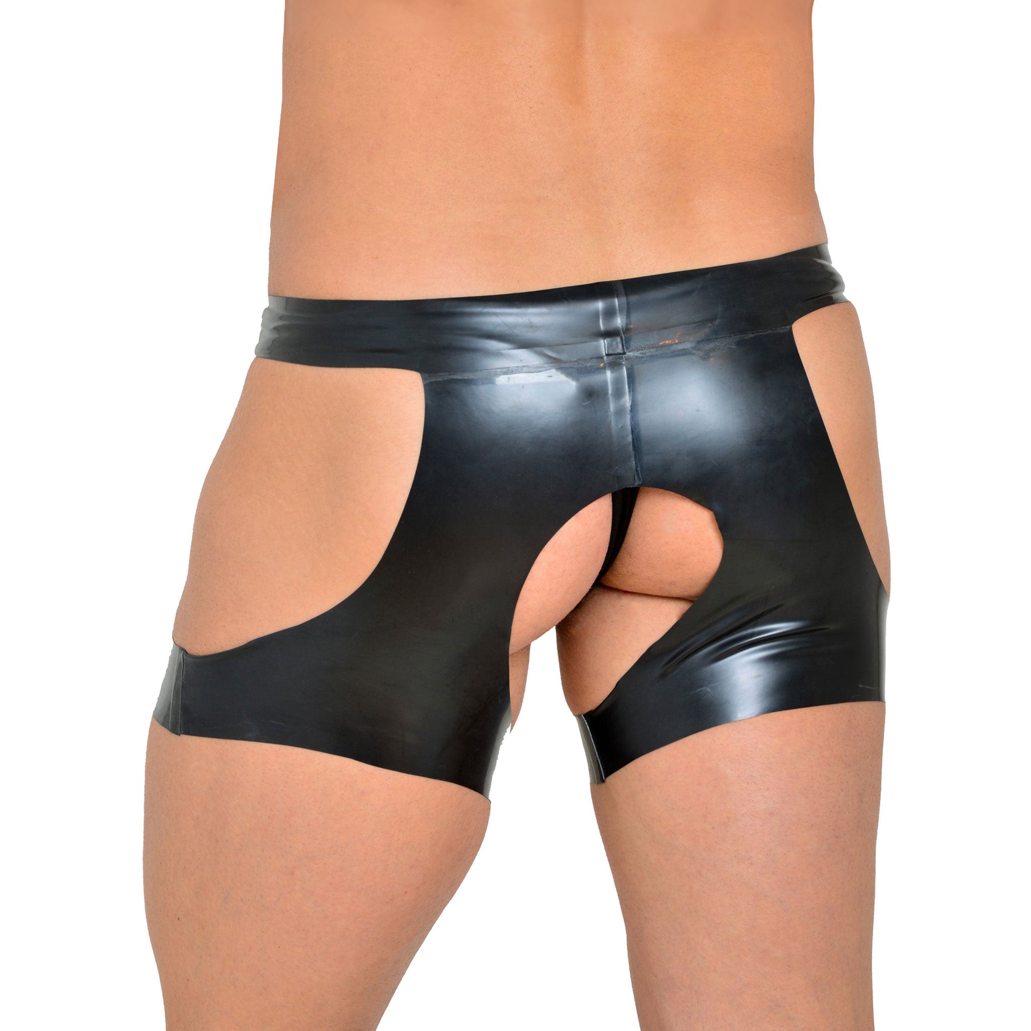 Latex rubber apparel bottoms intimates lingerie latex-lingerie underwear shorts boxers chaps open-crotch crotchless open-back side-cutout pull-on fully-open shiny glossy stretchy fetish fashion alt-fashion alternative fetishwear bedroom dungeon party bondage bdsm bdsm-fashion kink kinky kinkwear exhibition exhibitionist male masculine masc mens menswear guys dudes gay lgbtq pride black