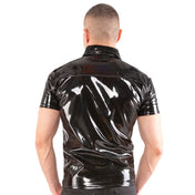 PVC vinyl apparel tops shirt polo-shirt short-sleeve shortsleeve sleeves sleeved collared press-stud button-placket shiny glossy elegant versatile fetish fashion alt-fashion clubwear party male masculine masc mens menswear guys dudes black