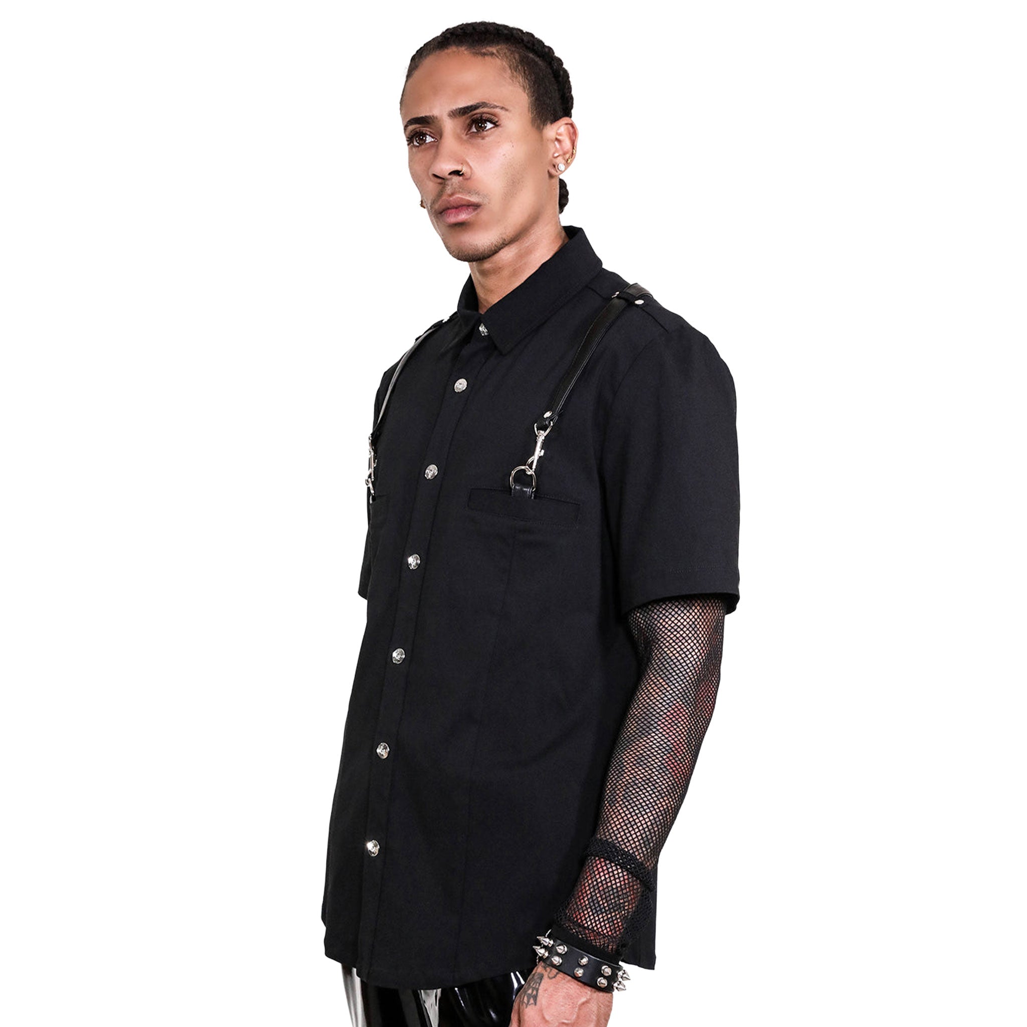 Bengaline polyester Spandex PU-leather leather apparel tops shirt shortsleeve short-sleeve sleeves sleeved collared shoulder-straps Y-shaped breast-pocket button-u button-placket snap-button press-stud D-ring fetish fashion alt-fashion retro-fashion punk rock greaser goth gothic cyber cyberpunk cyber-punk casual everyday party male masculine masc mens menswear guys dudes black