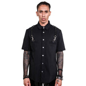 Bengaline polyester Spandex PU-leather leather apparel tops shirt shortsleeve short-sleeve sleeves sleeved collared shoulder-straps Y-shaped breast-pocket button-u button-placket snap-button press-stud D-ring fetish fashion alt-fashion retro-fashion punk rock greaser goth gothic cyber cyberpunk cyber-punk casual everyday party male masculine masc mens menswear guys dudes black