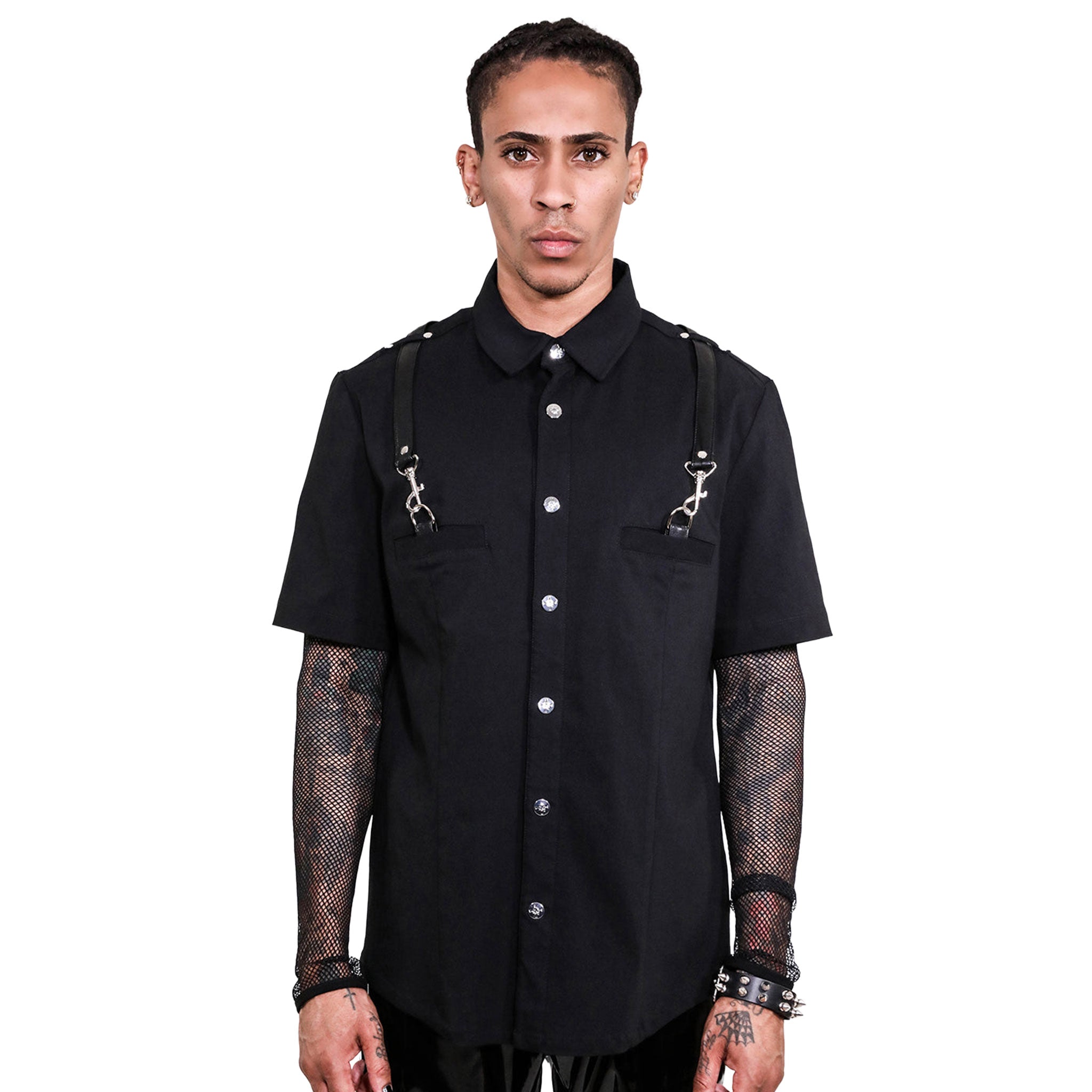 Bengaline polyester Spandex PU-leather leather apparel tops shirt shortsleeve short-sleeve sleeves sleeved collared shoulder-straps Y-shaped breast-pocket button-u button-placket snap-button press-stud D-ring fetish fashion alt-fashion retro-fashion punk rock greaser goth gothic cyber cyberpunk cyber-punk casual everyday party male masculine masc mens menswear guys dudes black