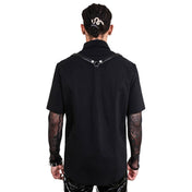 Bengaline polyester Spandex PU-leather leather apparel tops shirt shortsleeve short-sleeve sleeves sleeved collared shoulder-straps Y-shaped breast-pocket button-u button-placket snap-button press-stud D-ring fetish fashion alt-fashion retro-fashion punk rock greaser goth gothic cyber cyberpunk cyber-punk casual everyday party male masculine masc mens menswear guys dudes black