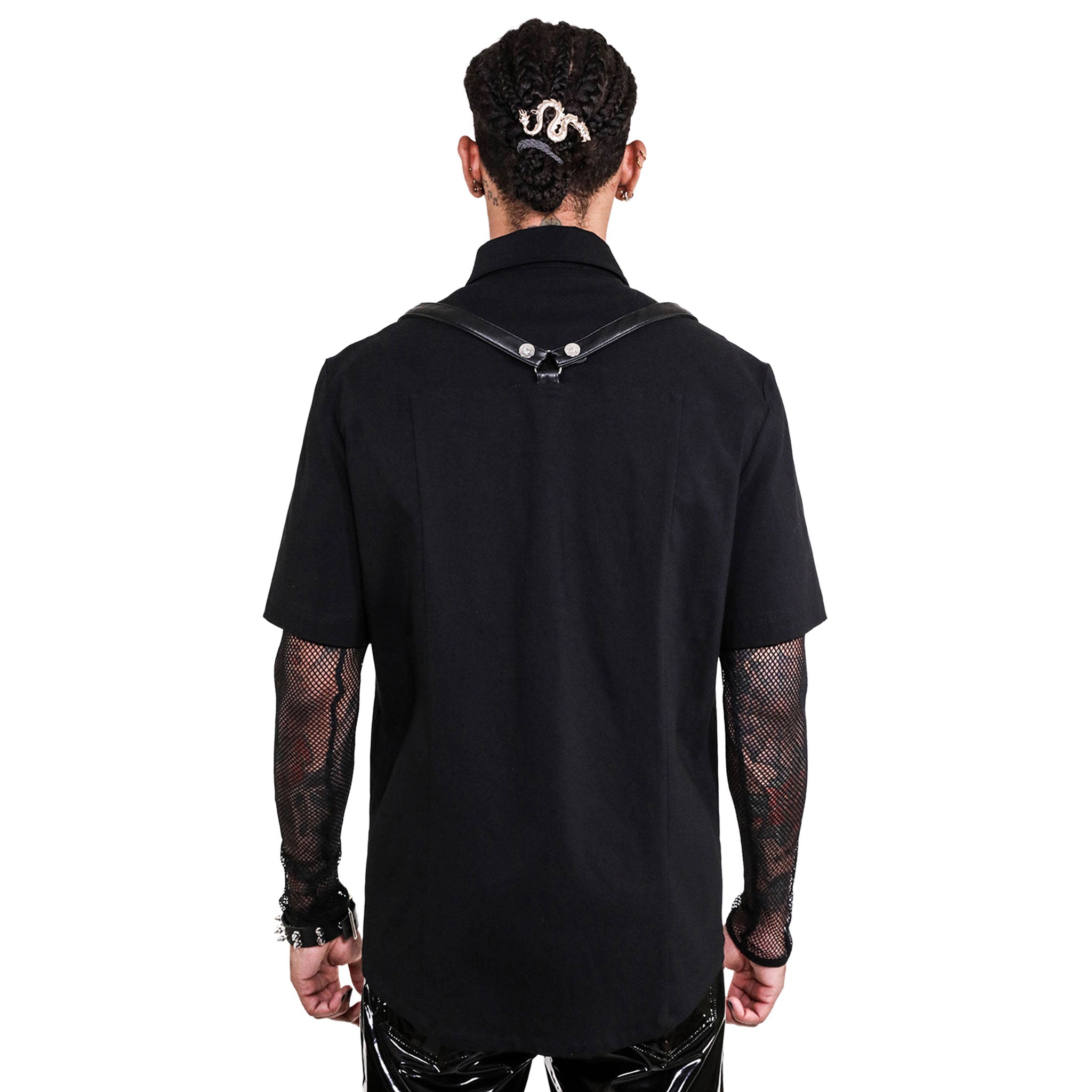 Bengaline polyester Spandex PU-leather leather apparel tops shirt shortsleeve short-sleeve sleeves sleeved collared shoulder-straps Y-shaped breast-pocket button-u button-placket snap-button press-stud D-ring fetish fashion alt-fashion retro-fashion punk rock greaser goth gothic cyber cyberpunk cyber-punk casual everyday party male masculine masc mens menswear guys dudes black