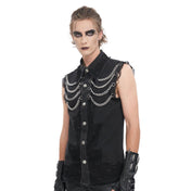Denim cotton polyamide fishnet Spandex apparel top shirt vest sleeveless hanging-chains grommets cuban-link removable-chains ring-clasp hinged-clasp fishnet-trim fishnet-patches lapel-collar button-up bold contemporary comfortable durable raw-edge unfinished-edge fitted snap-button press-stud fetish fashion alt-fashion punk goth gothic cyber casual costume cosplay halloween male masculine masc mens guys dudes black