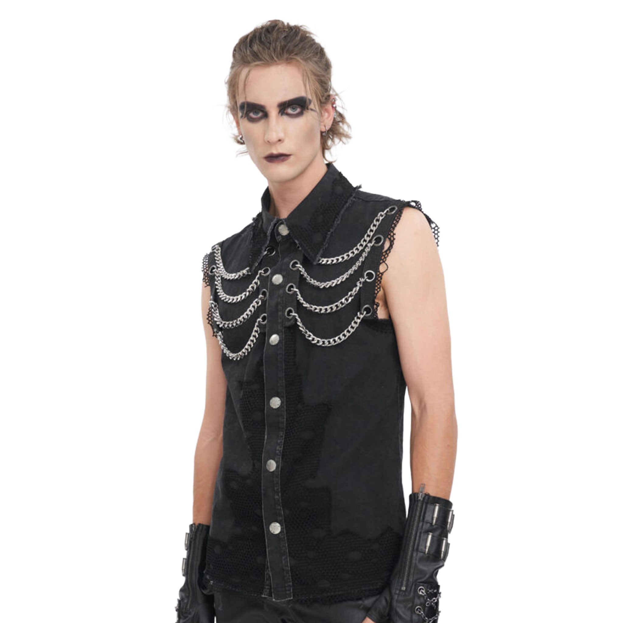 Denim cotton polyamide fishnet Spandex apparel top shirt vest sleeveless hanging-chains grommets cuban-link removable-chains ring-clasp hinged-clasp fishnet-trim fishnet-patches lapel-collar button-up bold contemporary comfortable durable raw-edge unfinished-edge fitted snap-button press-stud fetish fashion alt-fashion punk goth gothic cyber casual costume cosplay halloween male masculine masc mens guys dudes black