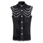 Denim cotton polyamide fishnet Spandex apparel top shirt vest sleeveless hanging-chains grommets cuban-link removable-chains ring-clasp hinged-clasp fishnet-trim fishnet-patches lapel-collar button-up bold contemporary comfortable durable raw-edge unfinished-edge fitted snap-button press-stud fetish fashion alt-fashion punk goth gothic cyber casual costume cosplay halloween male masculine masc mens guys dudes black