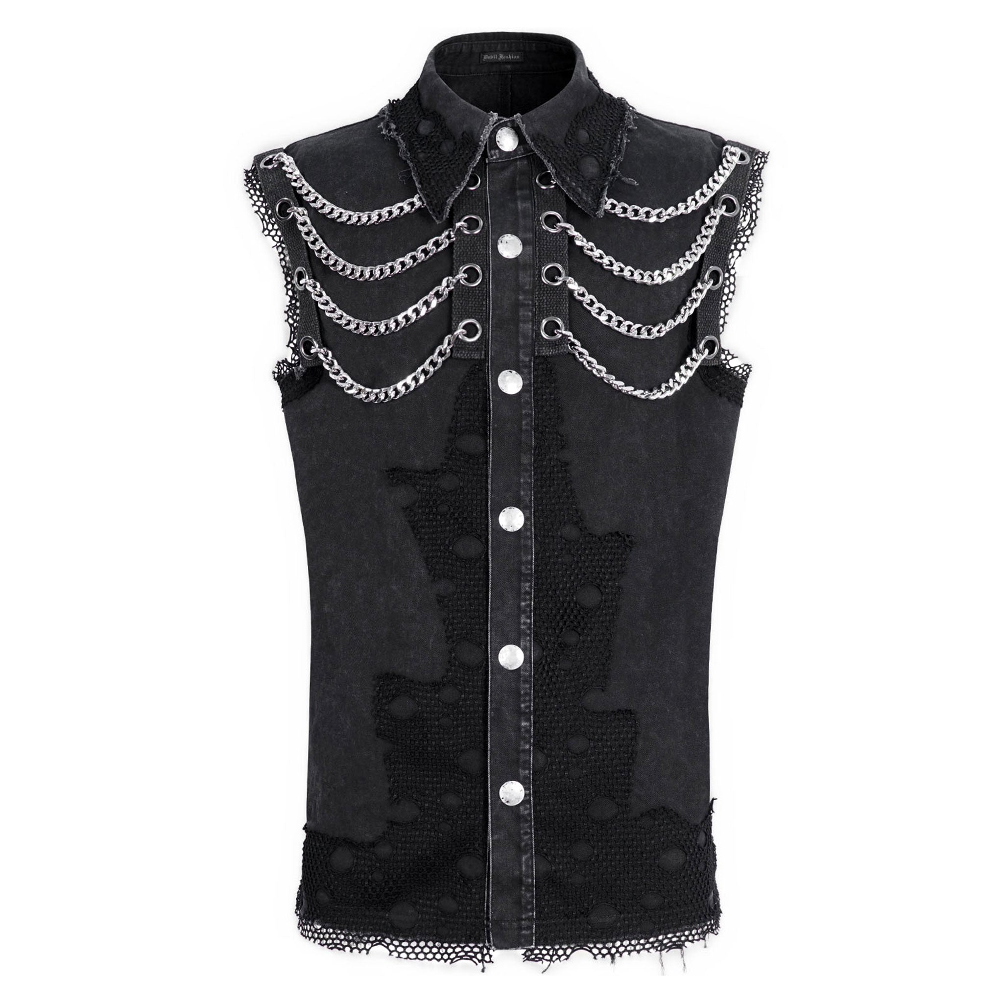 Denim cotton polyamide fishnet Spandex apparel top shirt vest sleeveless hanging-chains grommets cuban-link removable-chains ring-clasp hinged-clasp fishnet-trim fishnet-patches lapel-collar button-up bold contemporary comfortable durable raw-edge unfinished-edge fitted snap-button press-stud fetish fashion alt-fashion punk goth gothic cyber casual costume cosplay halloween male masculine masc mens guys dudes black