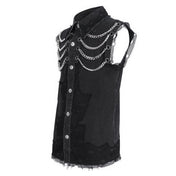 Denim cotton polyamide fishnet Spandex apparel top shirt vest sleeveless hanging-chains grommets cuban-link removable-chains ring-clasp hinged-clasp fishnet-trim fishnet-patches lapel-collar button-up bold contemporary comfortable durable raw-edge unfinished-edge fitted snap-button press-stud fetish fashion alt-fashion punk goth gothic cyber casual costume cosplay halloween male masculine masc mens guys dudes black