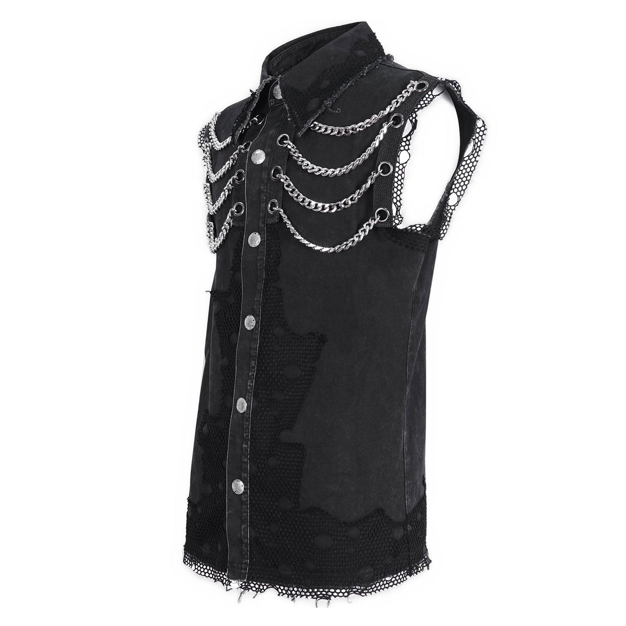 Denim cotton polyamide fishnet Spandex apparel top shirt vest sleeveless hanging-chains grommets cuban-link removable-chains ring-clasp hinged-clasp fishnet-trim fishnet-patches lapel-collar button-up bold contemporary comfortable durable raw-edge unfinished-edge fitted snap-button press-stud fetish fashion alt-fashion punk goth gothic cyber casual costume cosplay halloween male masculine masc mens guys dudes black