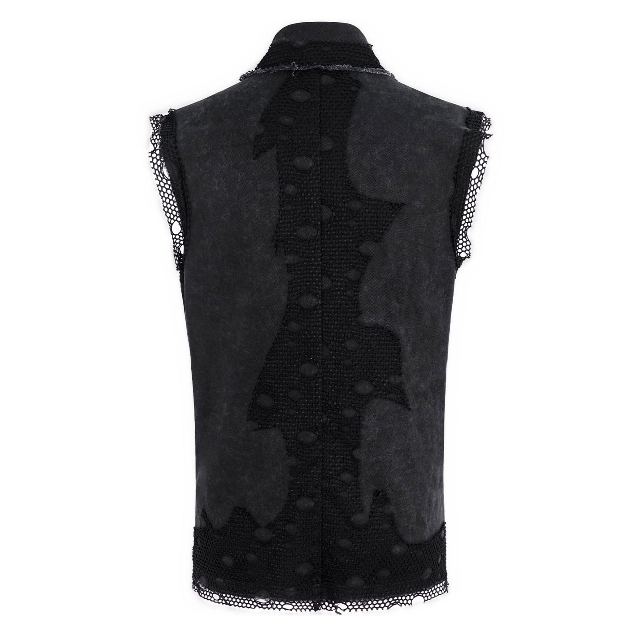 Denim cotton polyamide fishnet Spandex apparel top shirt vest sleeveless hanging-chains grommets cuban-link removable-chains ring-clasp hinged-clasp fishnet-trim fishnet-patches lapel-collar button-up bold contemporary comfortable durable raw-edge unfinished-edge fitted snap-button press-stud fetish fashion alt-fashion punk goth gothic cyber casual costume cosplay halloween male masculine masc mens guys dudes black