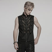 Men’s punk vest with eyelet mesh layered design, gothic grunge vest with metal studs and asymmetrical detailing, black stand collar punk vest with zipper front, alternative streetwear fashion for concerts and edgy everyday style