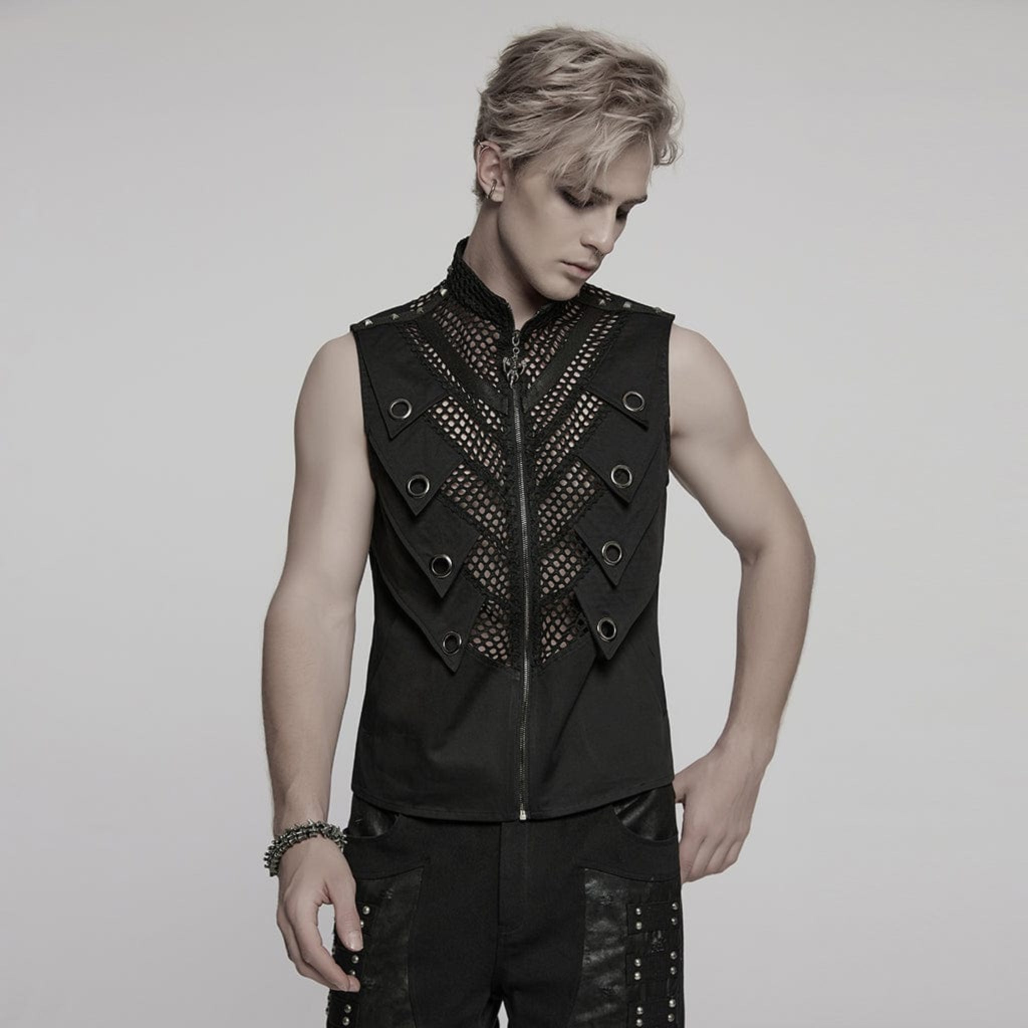 Men’s punk vest with eyelet mesh layered design, gothic grunge vest with metal studs and asymmetrical detailing, black stand collar punk vest with zipper front, alternative streetwear fashion for concerts and edgy everyday style