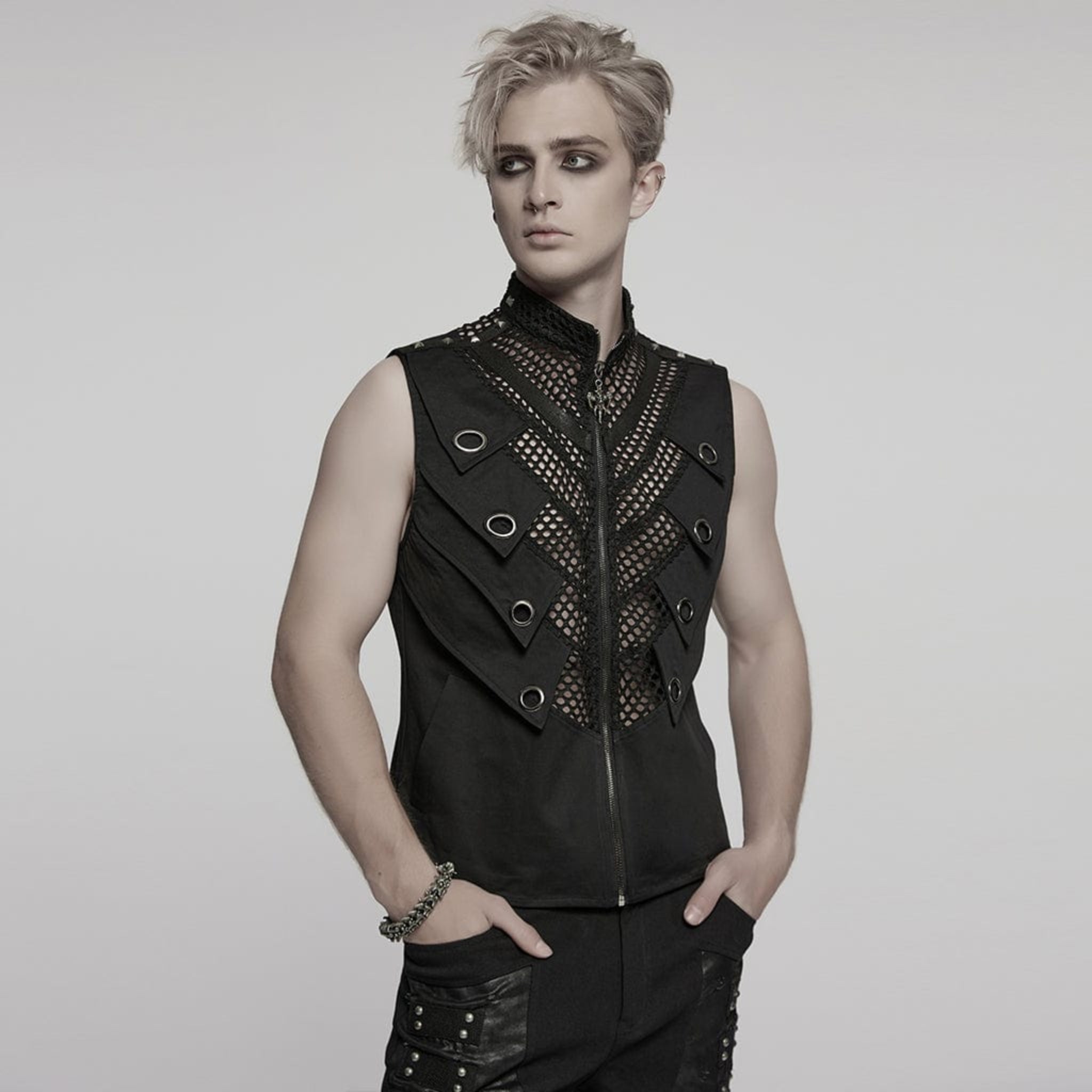 Men’s punk vest with eyelet mesh layered design, gothic grunge vest with metal studs and asymmetrical detailing, black stand collar punk vest with zipper front, alternative streetwear fashion for concerts and edgy everyday style