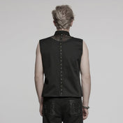 Men’s punk vest with eyelet mesh layered design, gothic grunge vest with metal studs and asymmetrical detailing, black stand collar punk vest with zipper front, alternative streetwear fashion for concerts and edgy everyday style