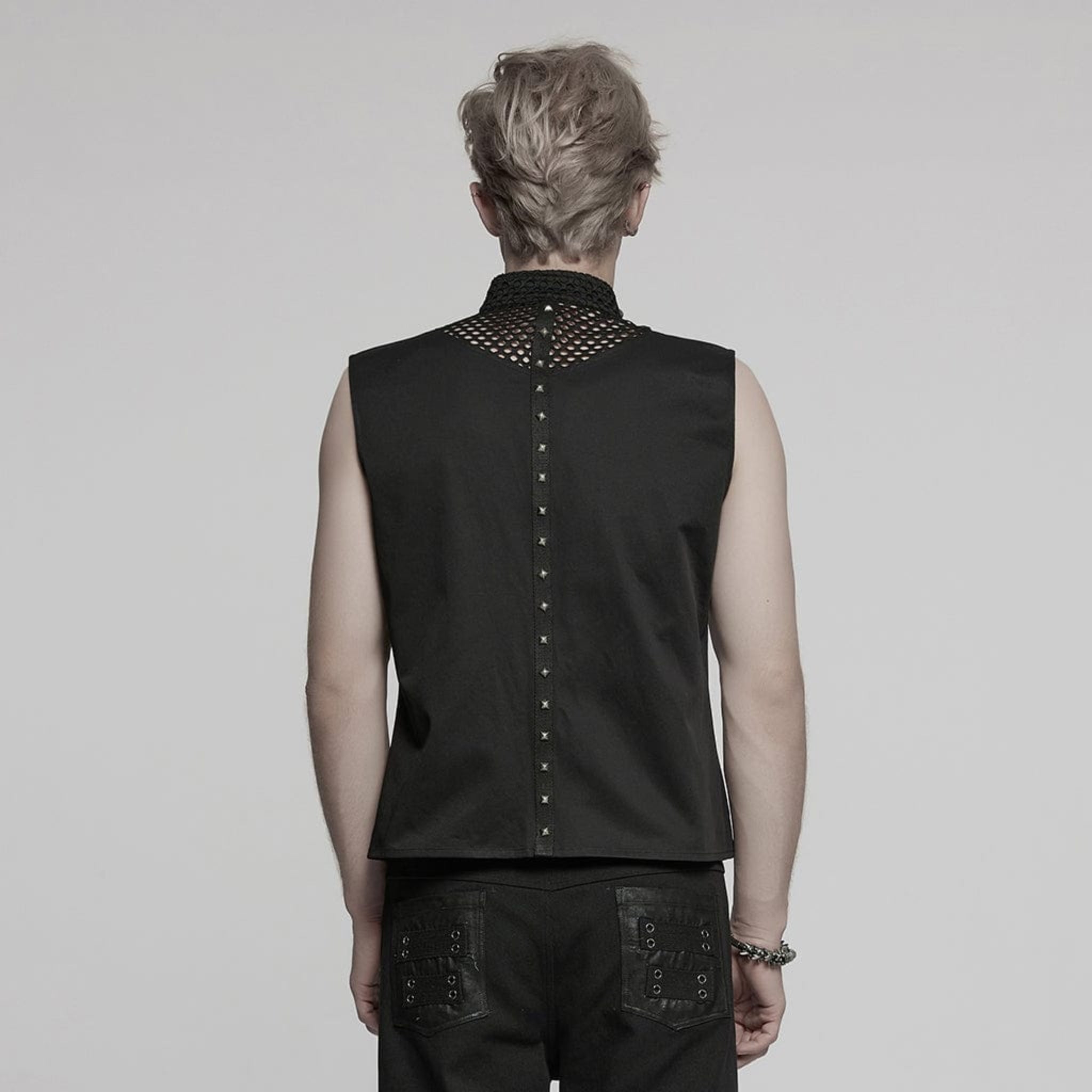 Men’s punk vest with eyelet mesh layered design, gothic grunge vest with metal studs and asymmetrical detailing, black stand collar punk vest with zipper front, alternative streetwear fashion for concerts and edgy everyday style