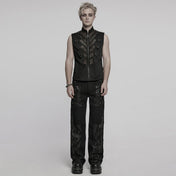 Men’s punk vest with eyelet mesh layered design, gothic grunge vest with metal studs and asymmetrical detailing, black stand collar punk vest with zipper front, alternative streetwear fashion for concerts and edgy everyday style