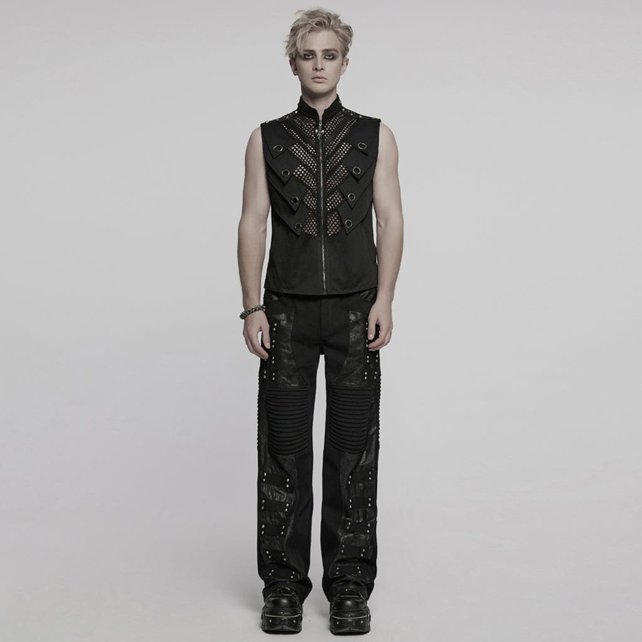 Men’s punk vest with eyelet mesh layered design, gothic grunge vest with metal studs and asymmetrical detailing, black stand collar punk vest with zipper front, alternative streetwear fashion for concerts and edgy everyday style