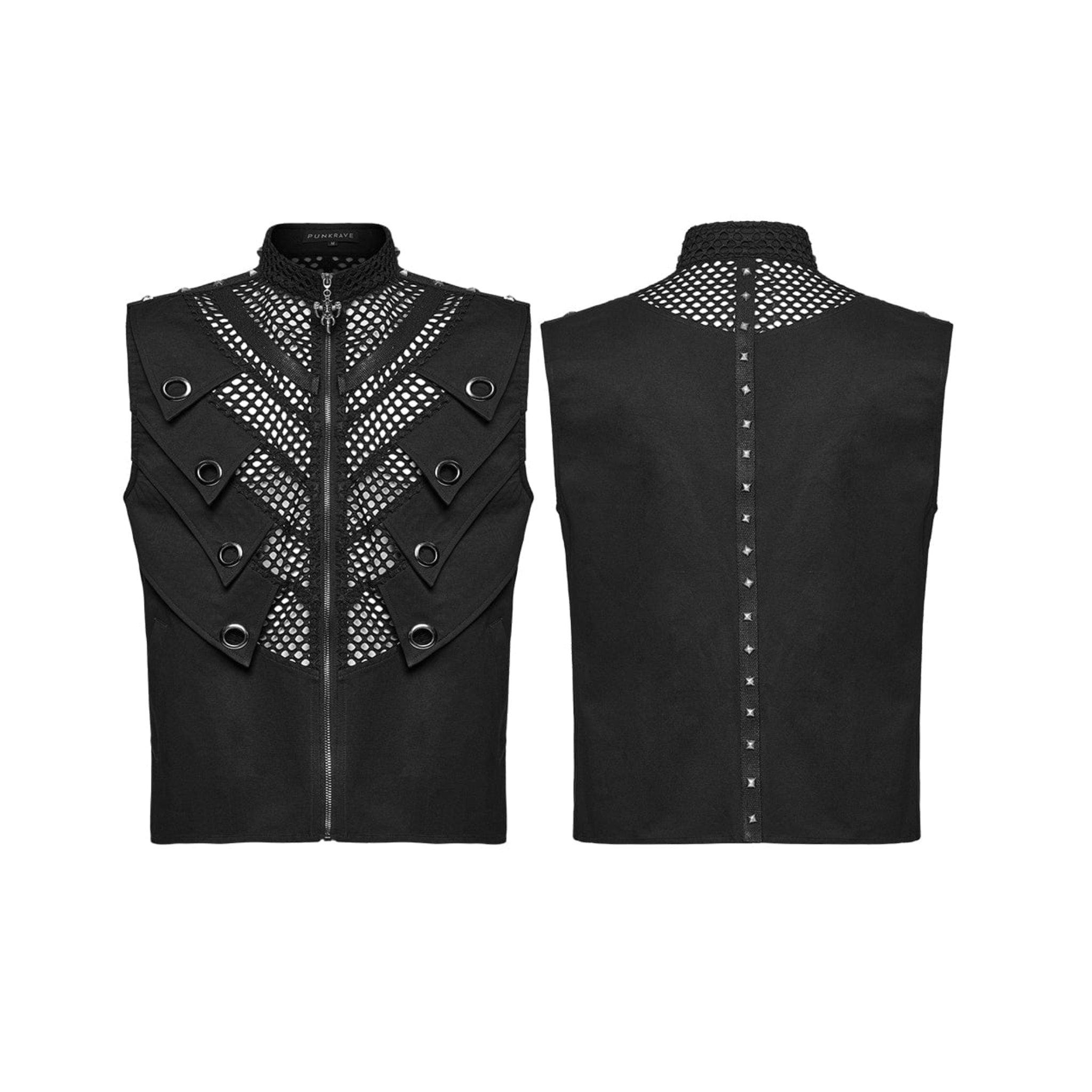 Men’s punk vest with eyelet mesh layered design, gothic grunge vest with metal studs and asymmetrical detailing, black stand collar punk vest with zipper front, alternative streetwear fashion for concerts and edgy everyday style