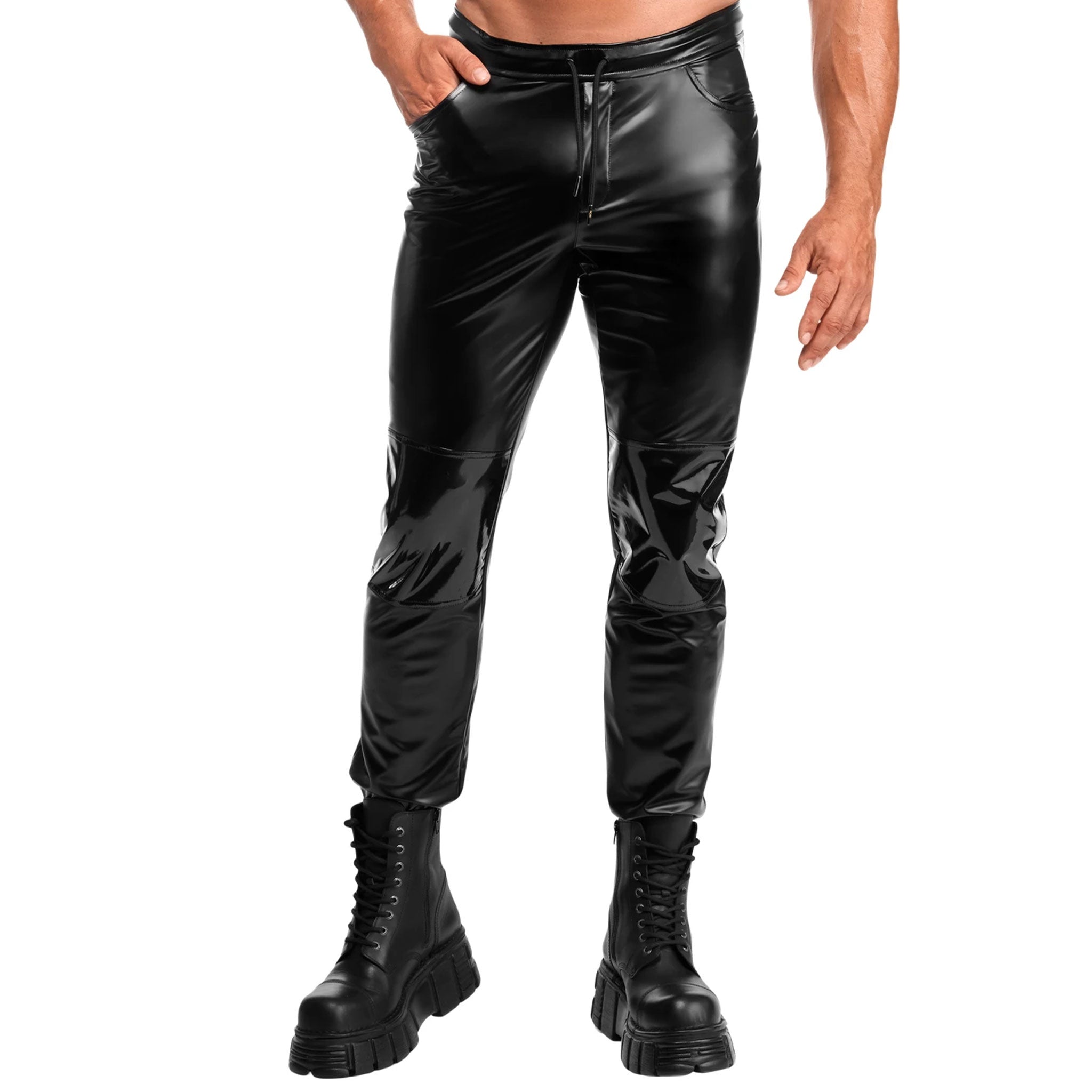 Wetlook PVC vinyl nylon apparel bottoms pants long-leg elastic-waistband adjustable drawstring knee-inserts stretchy smooth polished flexible durable second-skin shiny matte-finish glossy-panels modern athletic sleek bold stylish secure customizable tight soft comfortable edgy functional fashion alt-fashion alternative punk goth gothic cyber nightlife clubbing clubwear festival dancewear everyday costume cosplay halloween noir-collection male masculine masc mens menswear guys dudes unisex black