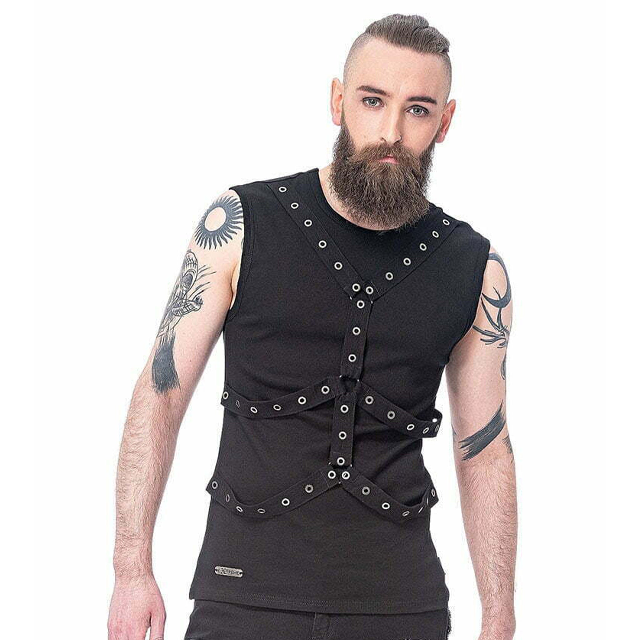 Cotton webbing webbing-straps apparel top shirt tshirt t-shirt teeshirt t-shirt sleeveless vest crew-neck eyelets triangle-ring O-ring comfortable fetish fashion alt-fashion alternative punk goth gothic cyber emo rocker industrial heavy-metal bondage-inspired costume cosplay halloween male masculine masc mens guys dudes black