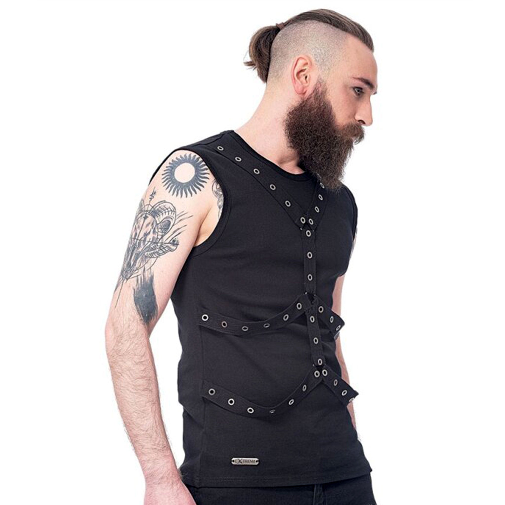 Cotton webbing webbing-straps apparel top shirt tshirt t-shirt teeshirt t-shirt sleeveless vest crew-neck eyelets triangle-ring O-ring comfortable fetish fashion alt-fashion alternative punk goth gothic cyber emo rocker industrial heavy-metal bondage-inspired costume cosplay halloween male masculine masc mens guys dudes black