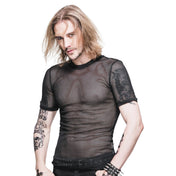 Polyamide knit knit-mesh mesh fishnet mesh-net webbing seethru see-thru see-through transparent apparel top shirt t-shirt tee-shirt tshirt short-sleeve sleeve sleeves sleeved crew-neck crewneck breathable stretchy bold edgy texture lightweight fetish fashion alt-fashion cyber punk cyberpunk clubwear ravewear raver-babe streetwear male masculine masc guys dudes black