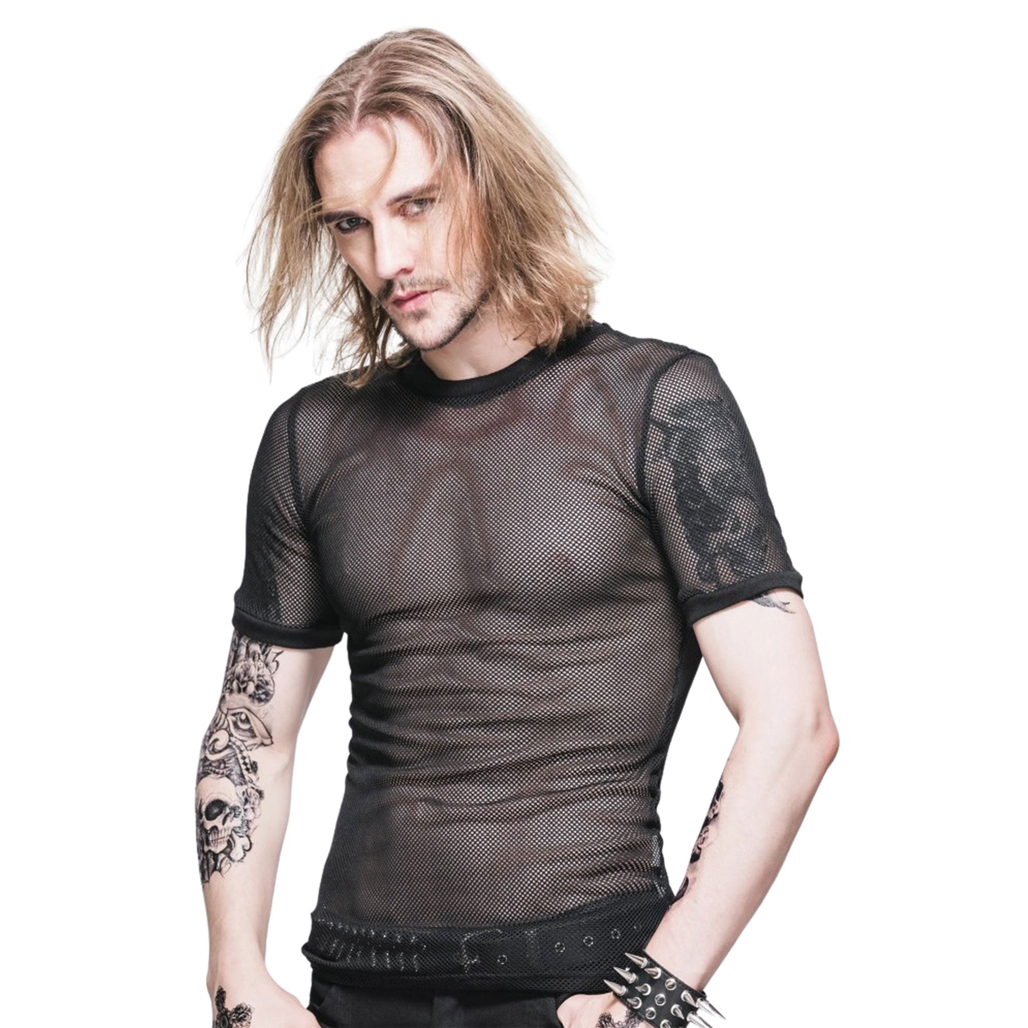Polyamide knit knit-mesh mesh fishnet mesh-net webbing seethru see-thru see-through transparent apparel top shirt t-shirt tee-shirt tshirt short-sleeve sleeve sleeves sleeved crew-neck crewneck breathable stretchy bold edgy texture lightweight fetish fashion alt-fashion cyber punk cyberpunk clubwear ravewear raver-babe streetwear male masculine masc guys dudes black