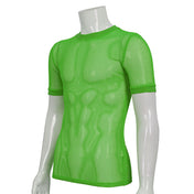 Polyamide knit knit-mesh mesh fishnet mesh-net webbing seethru see-thru see-through transparent apparel top shirt t-shirt tee-shirt tshirt short-sleeve sleeve sleeves sleeved crew-neck crewneck breathable stretchy bold edgy texture lightweight fetish fashion alt-fashion cyber punk cyberpunk clubwear ravewear raver-babe streetwear male masculine masc guys dudes green