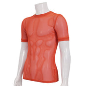 Polyamide knit knit-mesh mesh fishnet mesh-net webbing seethru see-thru see-through transparent apparel top shirt t-shirt tee-shirt tshirt short-sleeve sleeve sleeves sleeved crew-neck crewneck breathable stretchy bold edgy texture lightweight fetish fashion alt-fashion cyber punk cyberpunk clubwear ravewear raver-babe streetwear male masculine masc guys dudes orange