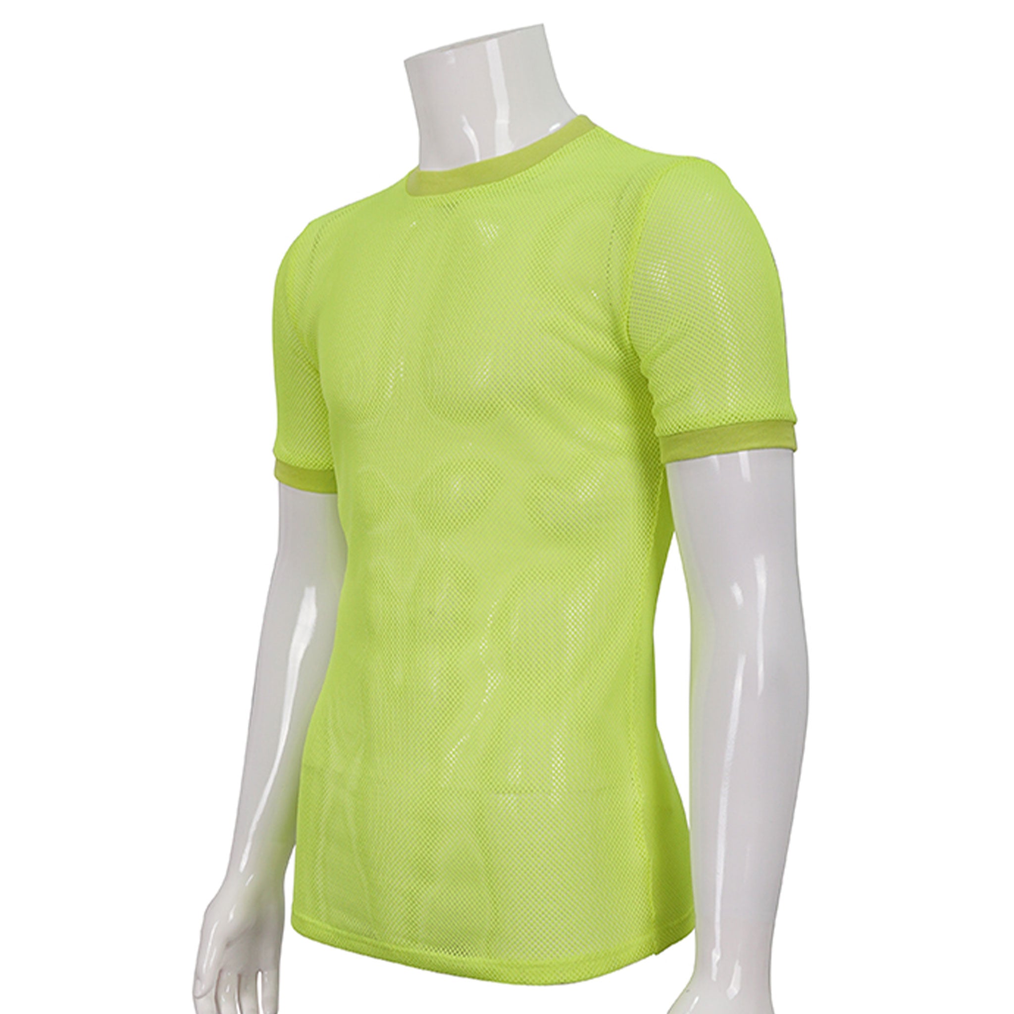 Polyamide knit knit-mesh mesh fishnet mesh-net webbing seethru see-thru see-through transparent apparel top shirt t-shirt tee-shirt tshirt short-sleeve sleeve sleeves sleeved crew-neck crewneck breathable stretchy bold edgy texture lightweight fetish fashion alt-fashion cyber punk cyberpunk clubwear ravewear raver-babe streetwear male masculine masc guys dudes yellow