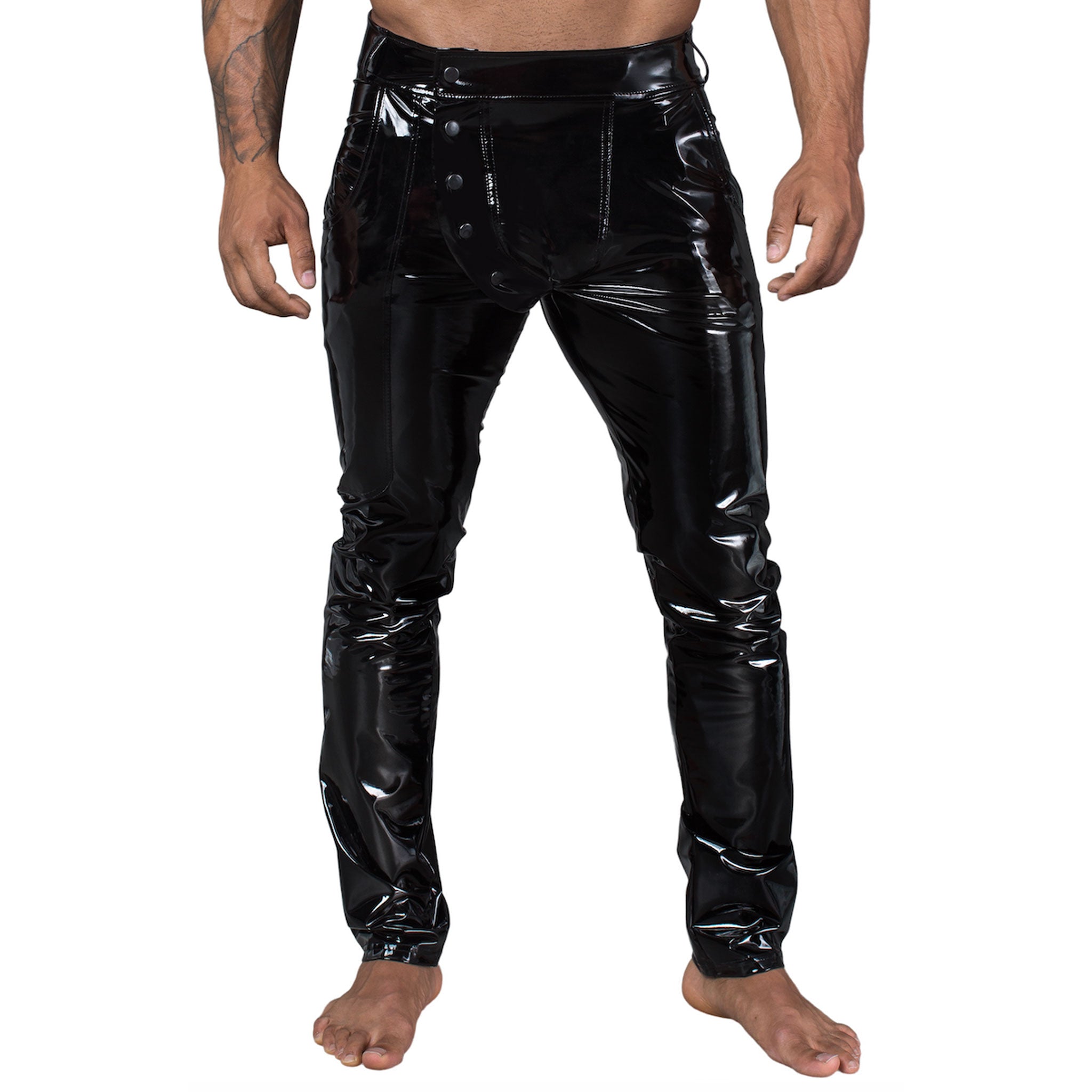 PVC vinyl wetlook polyamide elastane polyurethane-coating apparel bottoms pants trousers long long-leg elastic stretchy snap-button press-stud belt-loops zipper back-zip back-pocket pocket-zip decorative-pockets sexy sleek shiny glossy stretchy elastic classic fetish fashion alt-fashion alternative punk goth gothic cyber kink kinky kinkwear male masculine masc mens guys dudes gay lgbtq black