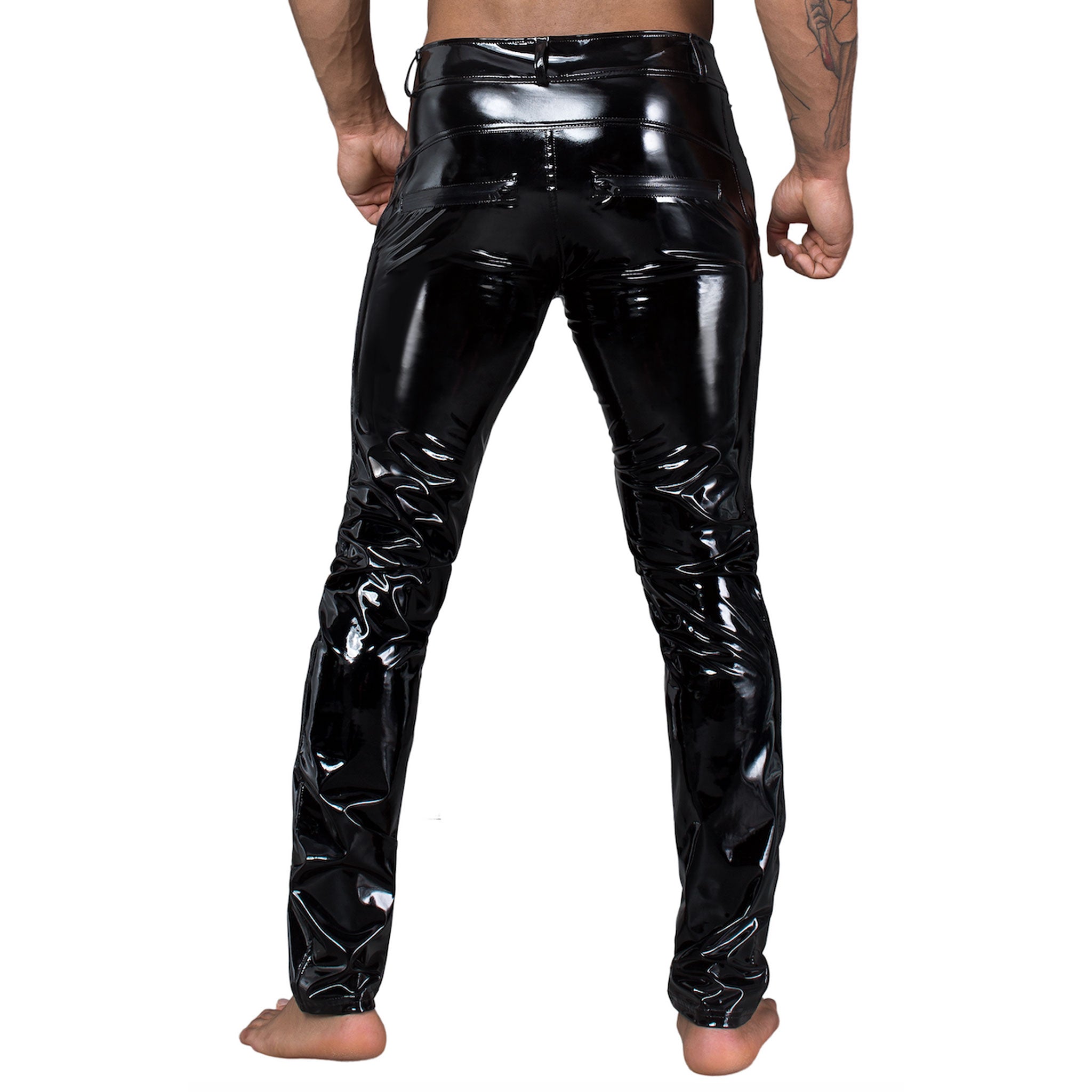 PVC vinyl wetlook polyamide elastane polyurethane-coating apparel bottoms pants trousers long long-leg elastic stretchy snap-button press-stud belt-loops zipper back-zip back-pocket pocket-zip decorative-pockets sexy sleek shiny glossy stretchy elastic classic fetish fashion alt-fashion alternative punk goth gothic cyber kink kinky kinkwear male masculine masc mens guys dudes gay lgbtq black