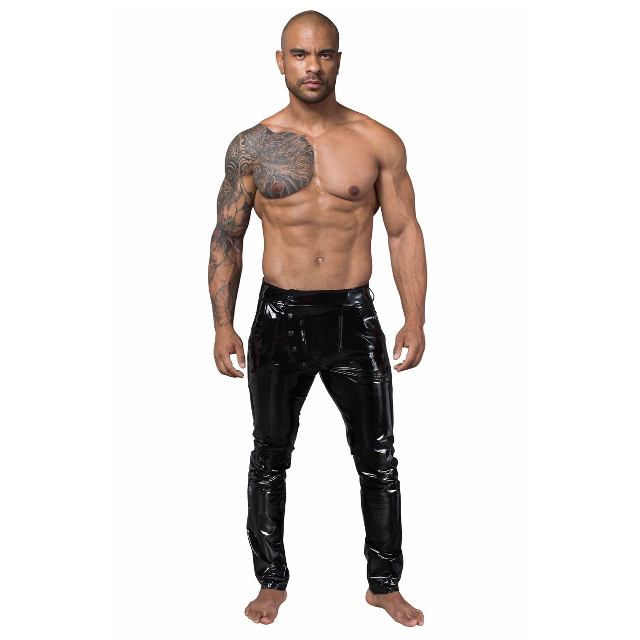 PVC vinyl wetlook polyamide elastane polyurethane-coating apparel bottoms pants trousers long long-leg elastic stretchy snap-button press-stud belt-loops zipper back-zip back-pocket pocket-zip decorative-pockets sexy sleek shiny glossy stretchy elastic classic fetish fashion alt-fashion alternative punk goth gothic cyber kink kinky kinkwear male masculine masc mens guys dudes gay lgbtq black