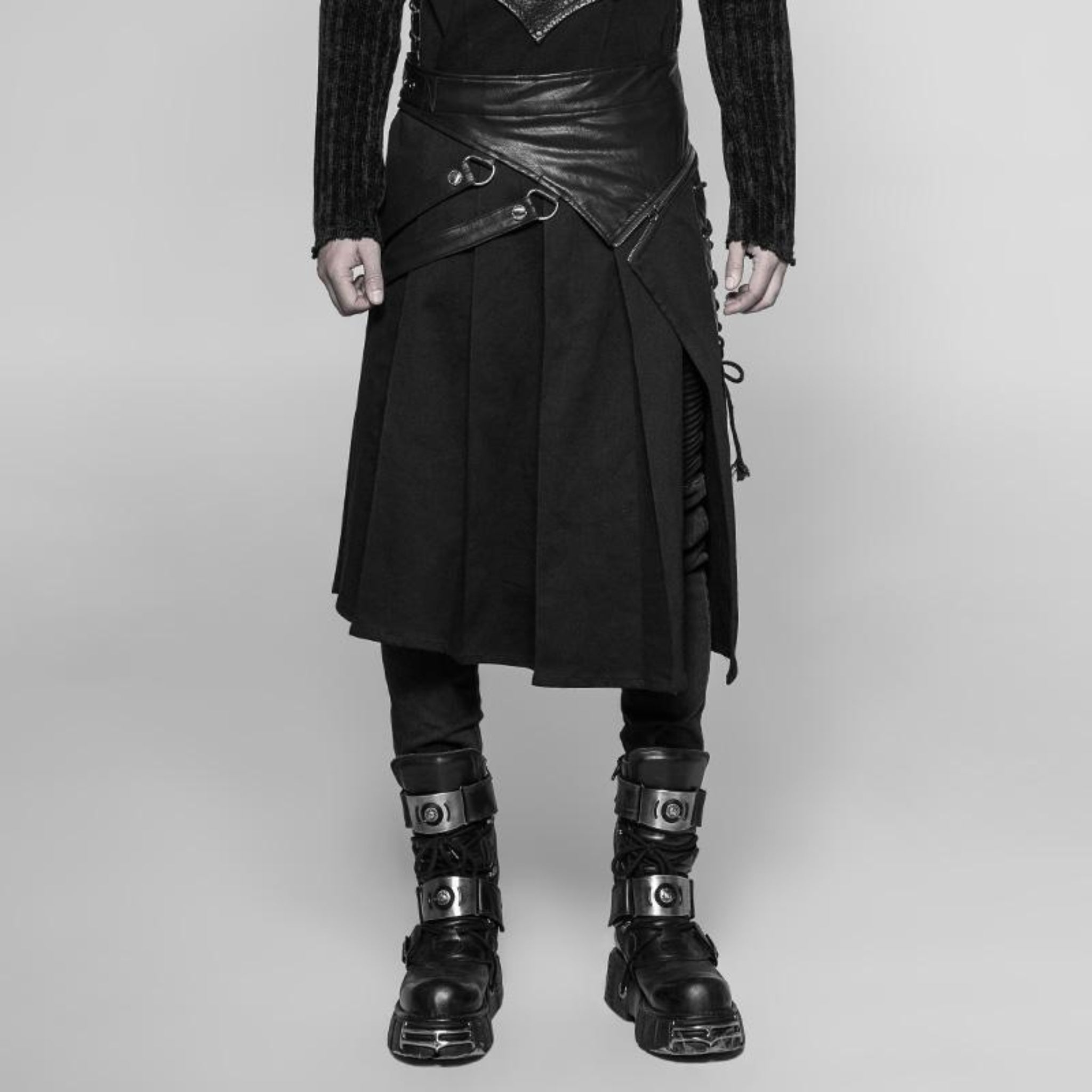 men’s vintage punk kilt black pleated punk skirt with leather straps side lacing heavy metal hardware gothic kilt fetish fashion