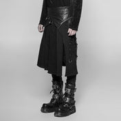 men’s vintage punk kilt black pleated punk skirt with leather straps side lacing heavy metal hardware gothic kilt fetish fashion
