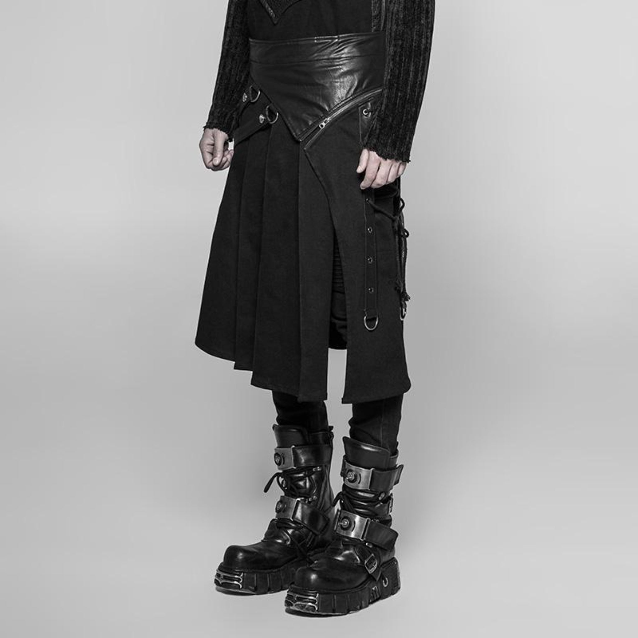 men’s vintage punk kilt black pleated punk skirt with leather straps side lacing heavy metal hardware gothic kilt fetish fashion