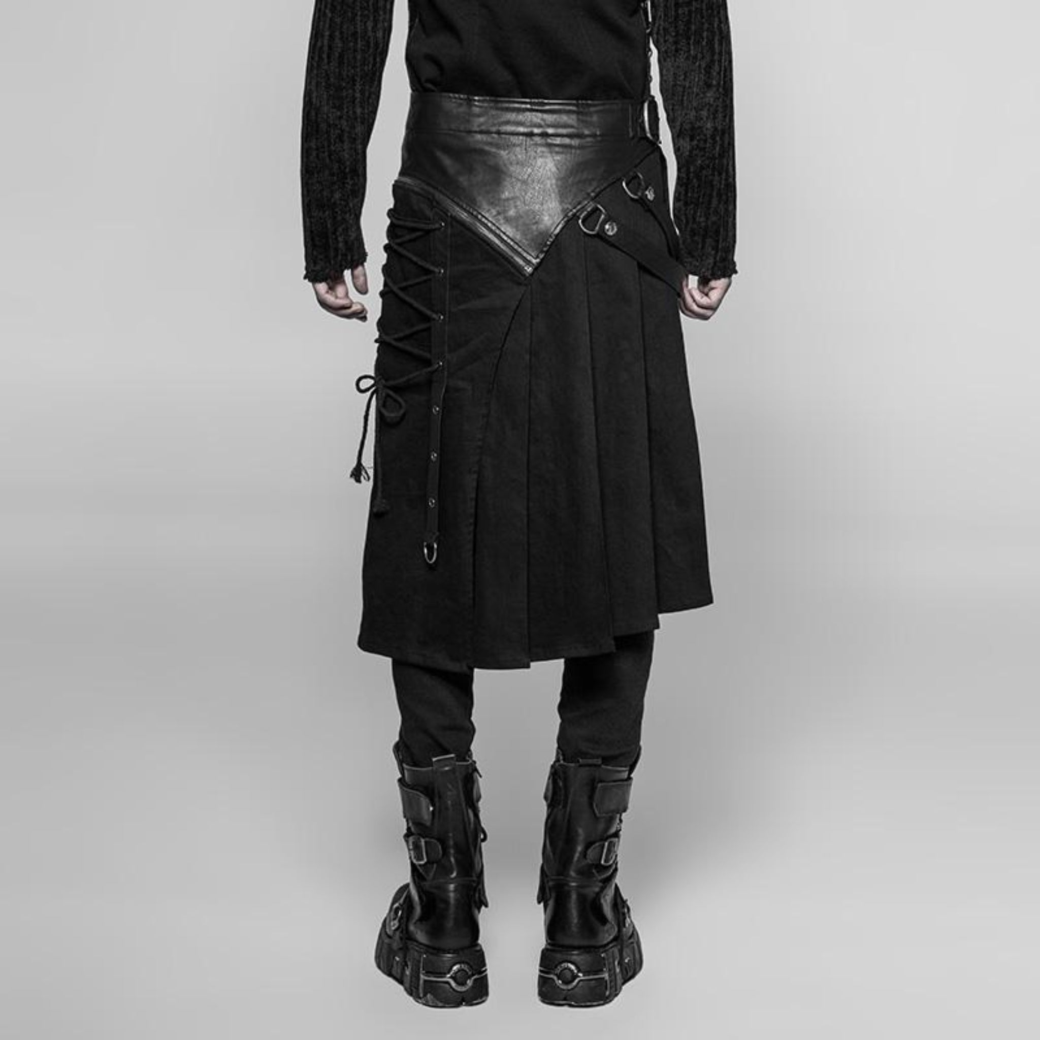 men’s vintage punk kilt black pleated punk skirt with leather straps side lacing heavy metal hardware gothic kilt fetish fashion
