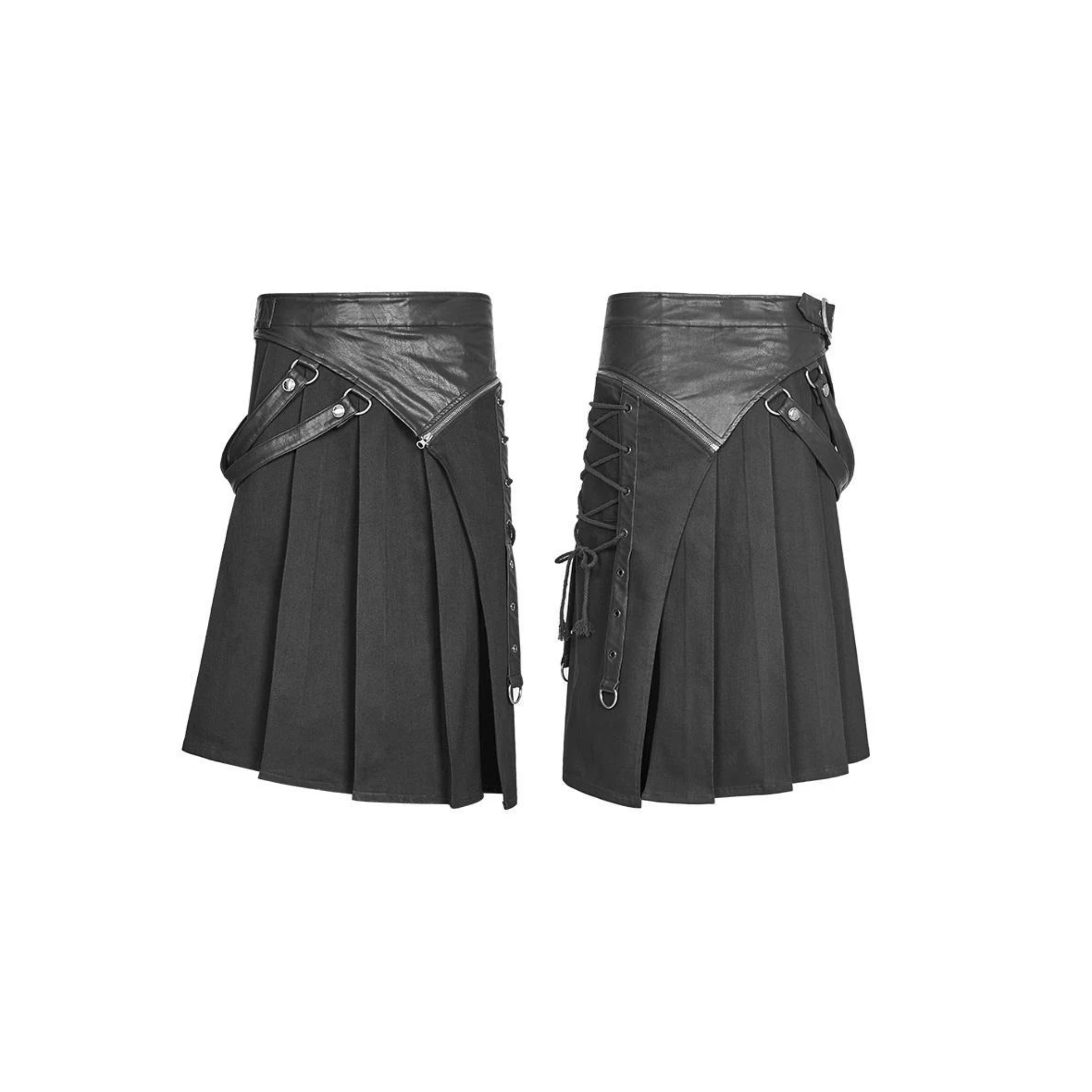 men’s vintage punk kilt black pleated punk skirt with leather straps side lacing heavy metal hardware gothic kilt fetish fashion