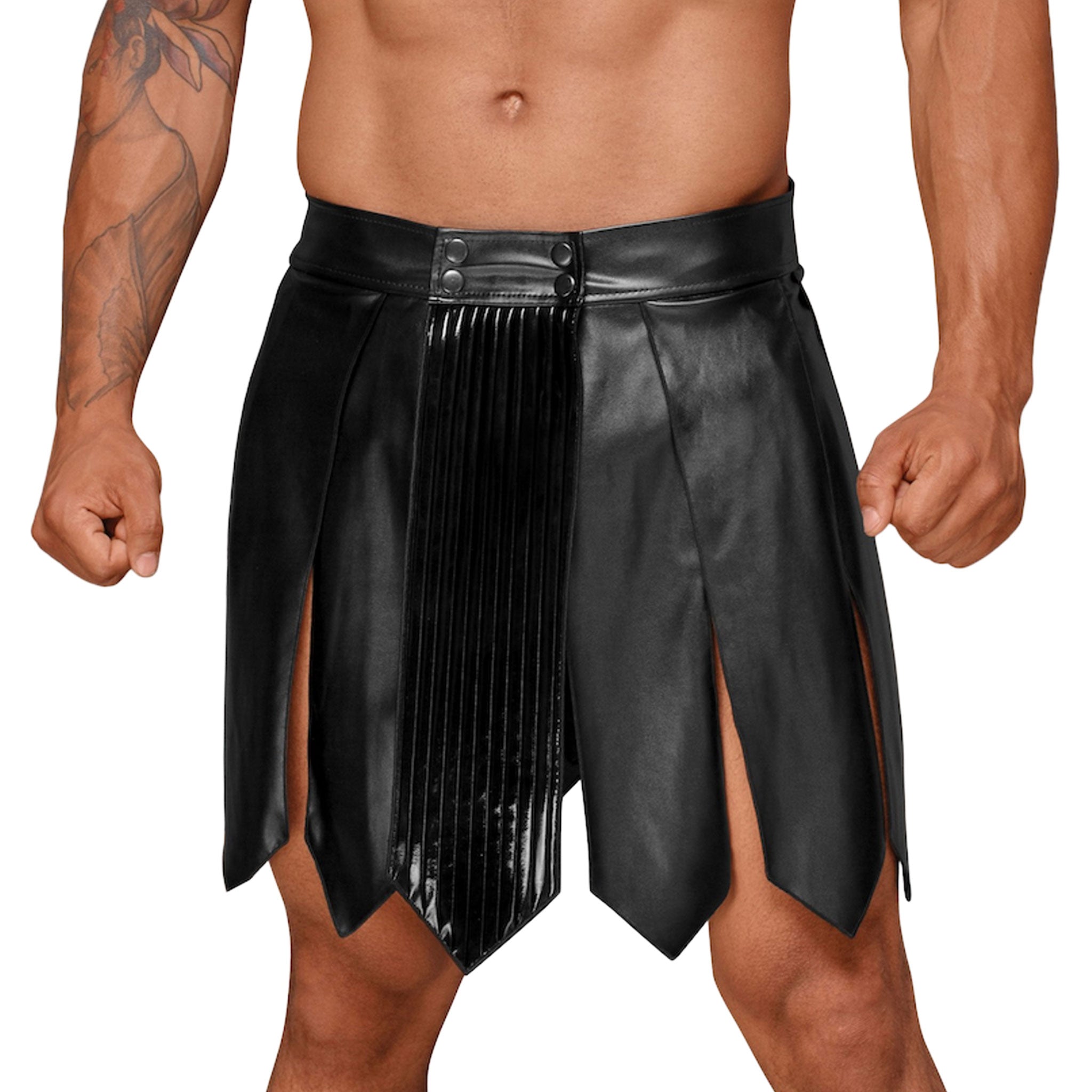 PVC vinyl faux leather eco-leather eco polyester elastane apparel wetlook bottoms skirt kilt pleats pleated snap-button press-stud removable shiny glossy matte-finish fetish fashion alt-fashion kink kinky kinkwear costume cosplay halloween roman gladiator warrior male masculine masc mens guys dudes noir black