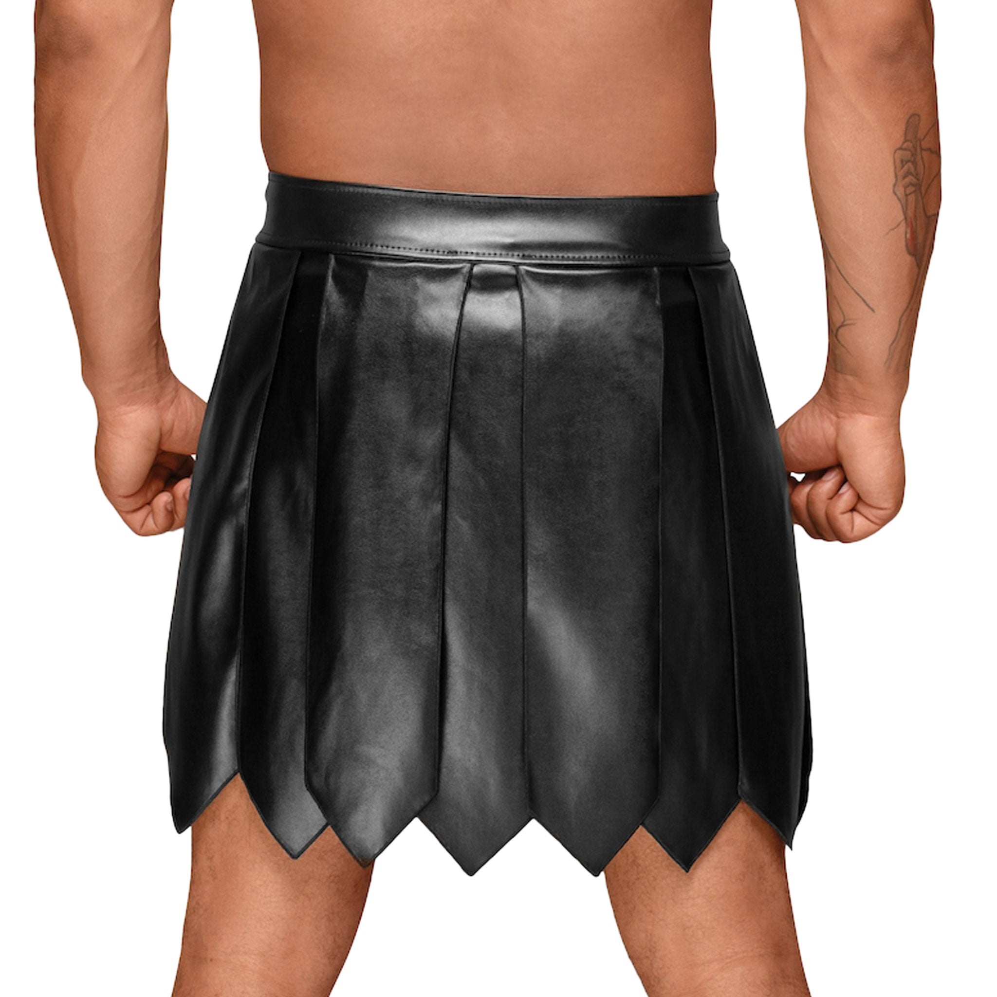 PVC vinyl faux leather eco-leather eco polyester elastane apparel wetlook bottoms skirt kilt pleats pleated snap-button press-stud removable shiny glossy matte-finish fetish fashion alt-fashion kink kinky kinkwear costume cosplay halloween roman gladiator warrior male masculine masc mens guys dudes noir black