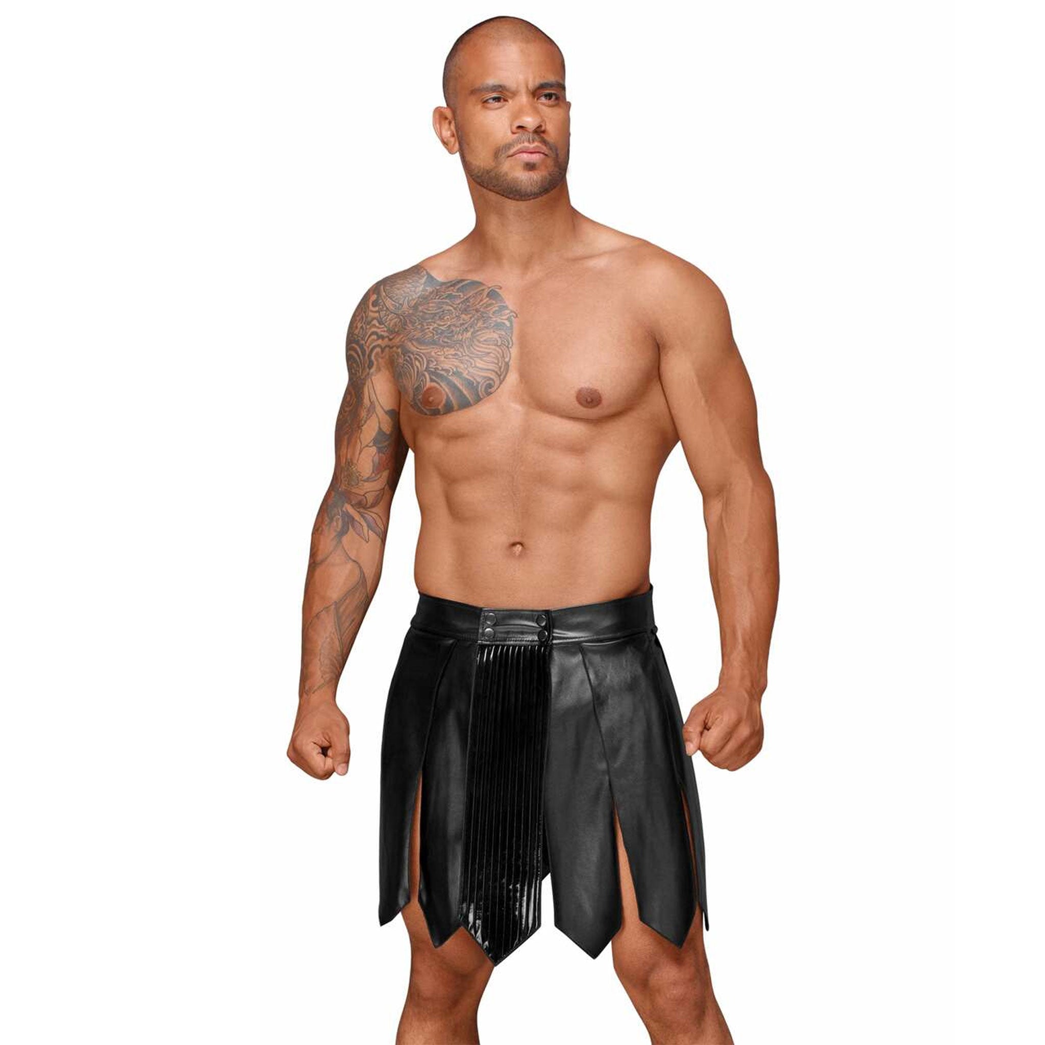 PVC vinyl faux leather eco-leather eco polyester elastane apparel wetlook bottoms skirt kilt pleats pleated snap-button press-stud removable shiny glossy matte-finish fetish fashion alt-fashion kink kinky kinkwear costume cosplay halloween roman gladiator warrior male masculine masc mens guys dudes noir black