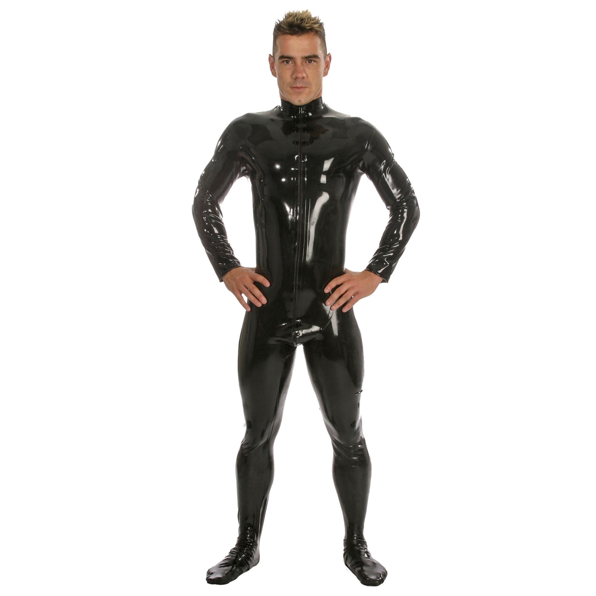 Latex rubber apparel one-piece onesie catsuit latex-catsuit footed fell-feet roomy-pouch pouch high-collar long-leg longsleeve long-sleeve sleeves sleeved zipper front-zip 2way 2-way two-way perspiration-hole sweat-hole shiny glossy full-coverage simple sexy fetish fashion alt-fashion alternative cyber cyber-punk glam bedroom dungeon kink kinky kinkwear costume cosplay halloween male masculine masc mens menswear guys dudes black