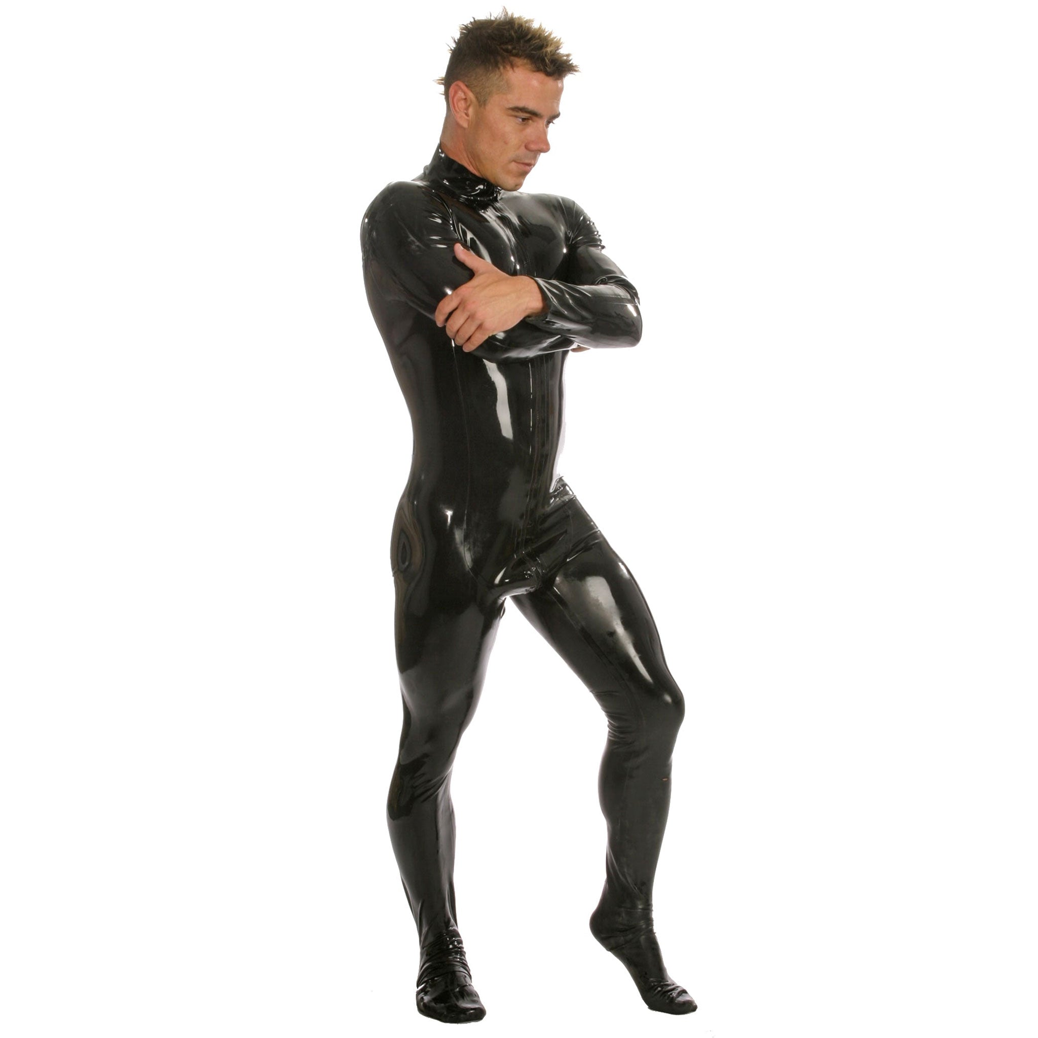 Latex rubber apparel one-piece onesie catsuit latex-catsuit footed fell-feet roomy-pouch pouch high-collar long-leg longsleeve long-sleeve sleeves sleeved zipper front-zip 2way 2-way two-way perspiration-hole sweat-hole shiny glossy full-coverage simple sexy fetish fashion alt-fashion alternative cyber cyber-punk glam bedroom dungeon kink kinky kinkwear costume cosplay halloween male masculine masc mens menswear guys dudes black