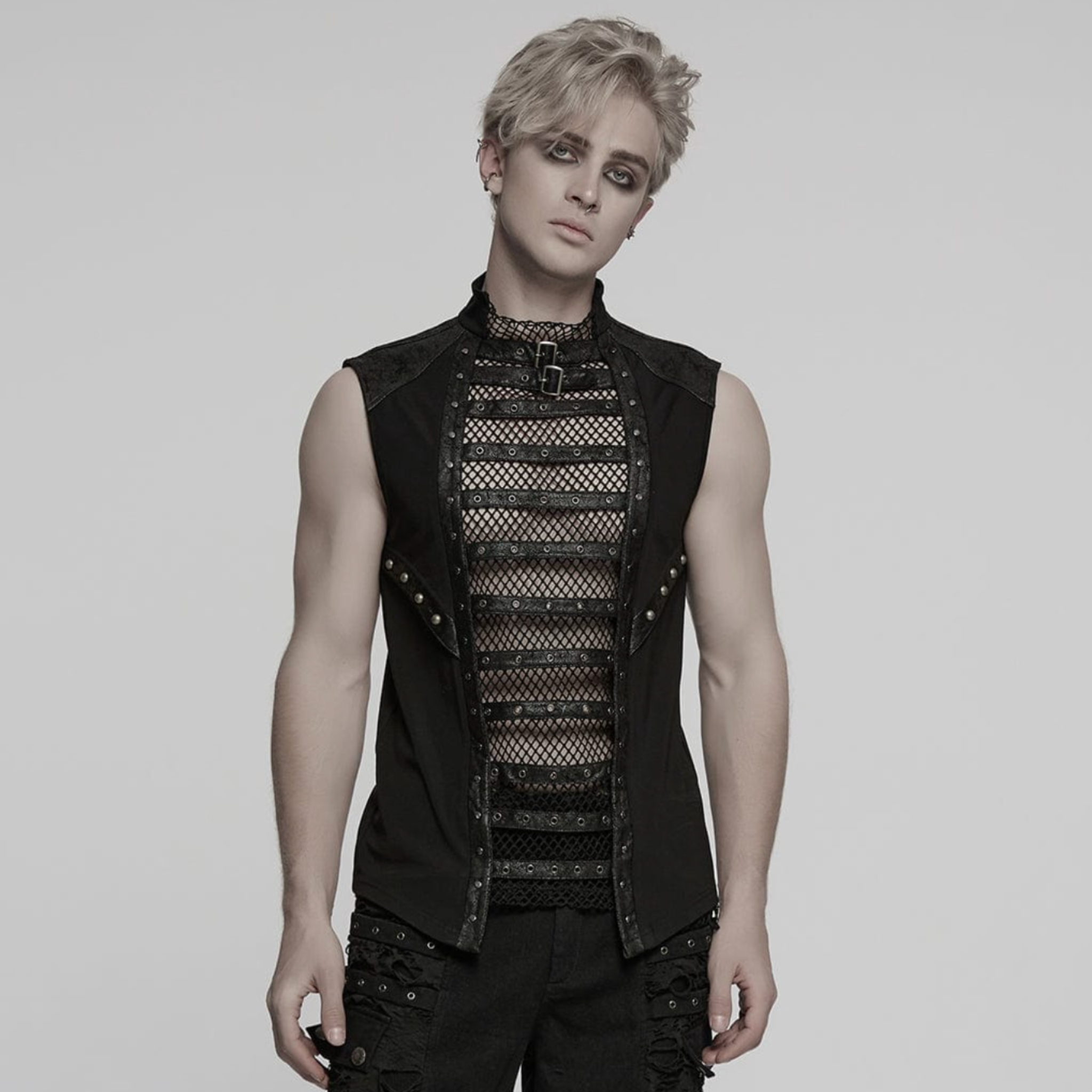 mesh punk vest cracked faux leather accents eyelet straps studded straps sleeveless fitted black gothic top mesh panel center dark alternative fashion edgy streetwear goth clothing breathable knit fabric
