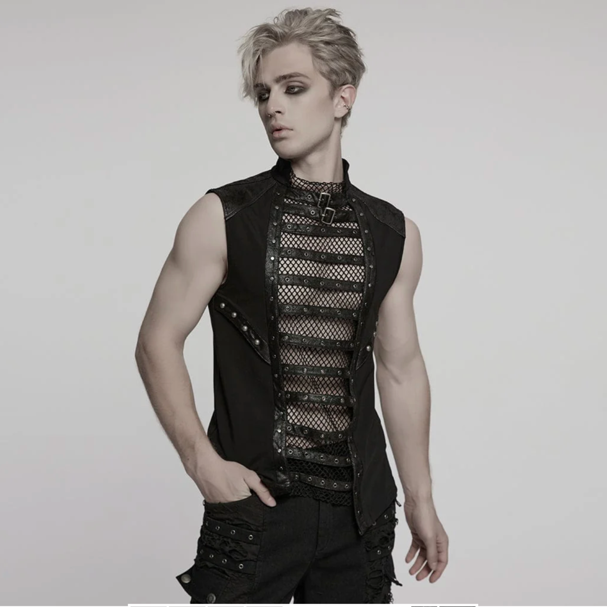 mesh punk vest cracked faux leather accents eyelet straps studded straps sleeveless fitted black gothic top mesh panel center dark alternative fashion edgy streetwear goth clothing breathable knit fabric