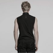 mesh punk vest cracked faux leather accents eyelet straps studded straps sleeveless fitted black gothic top mesh panel center dark alternative fashion edgy streetwear goth clothing breathable knit fabric
