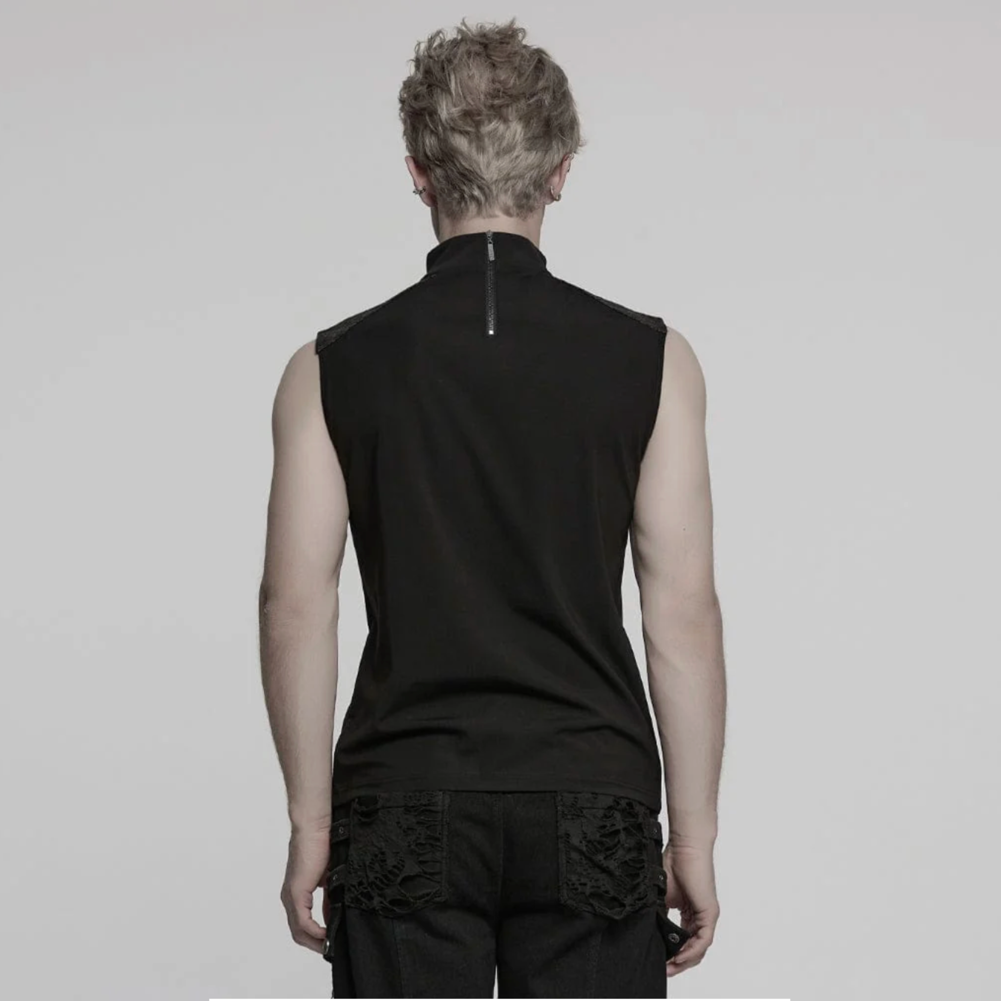 mesh punk vest cracked faux leather accents eyelet straps studded straps sleeveless fitted black gothic top mesh panel center dark alternative fashion edgy streetwear goth clothing breathable knit fabric