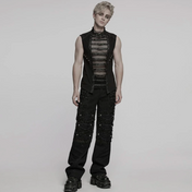 mesh punk vest cracked faux leather accents eyelet straps studded straps sleeveless fitted black gothic top mesh panel center dark alternative fashion edgy streetwear goth clothing breathable knit fabric