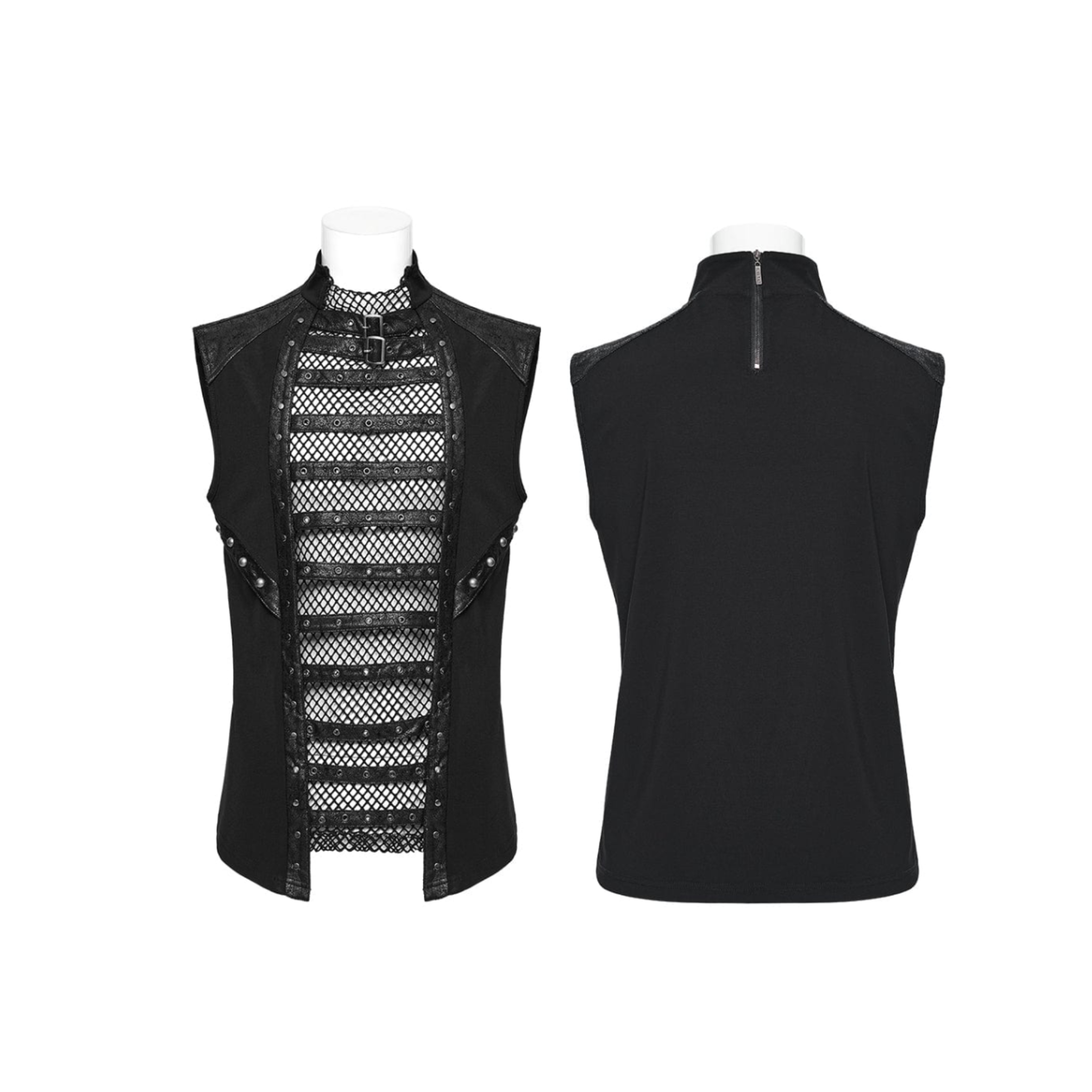 mesh punk vest cracked faux leather accents eyelet straps studded straps sleeveless fitted black gothic top mesh panel center dark alternative fashion edgy streetwear goth clothing breathable knit fabric